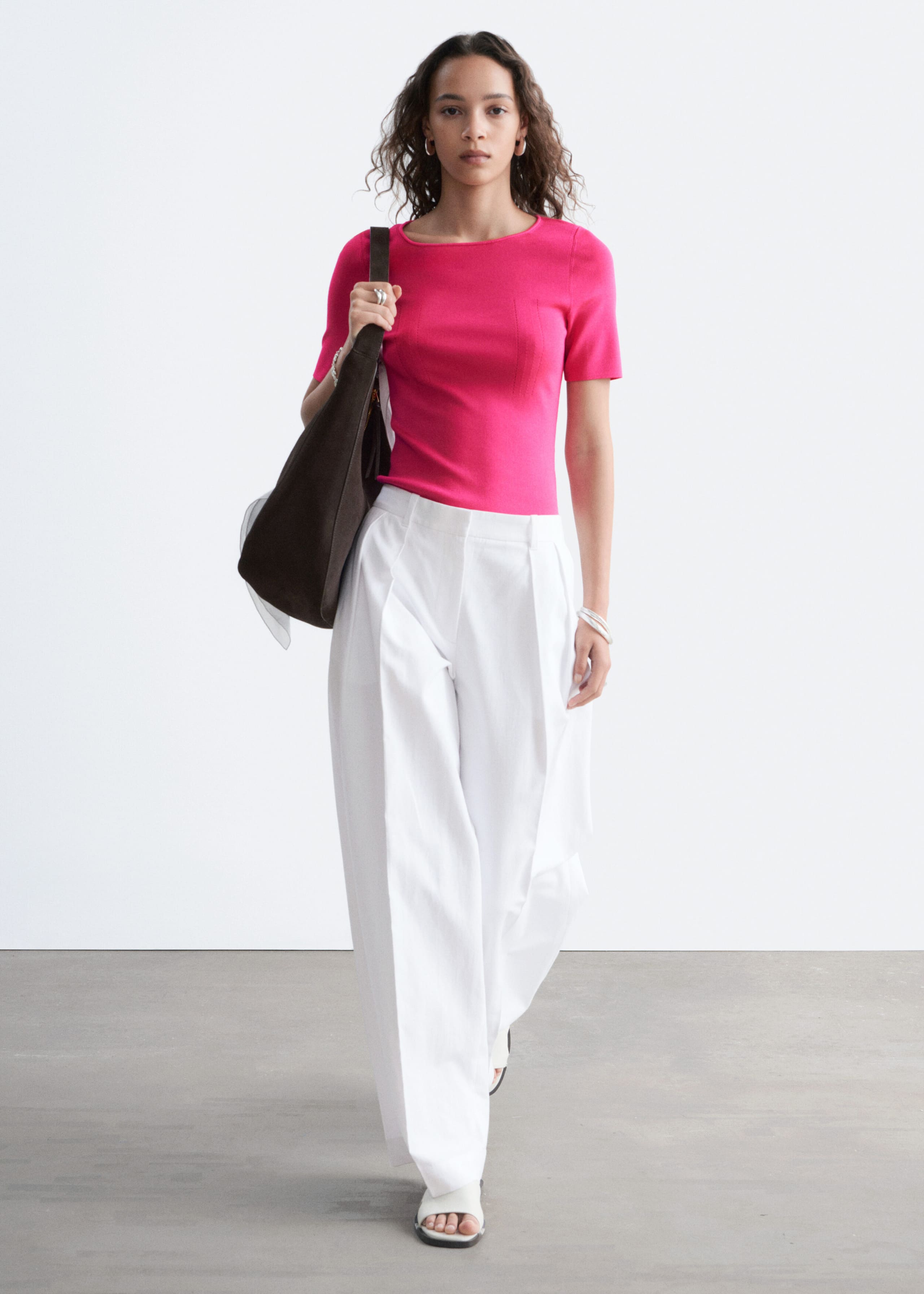 Slim Knitted T-Shirt - Bright Pink - Lookbook