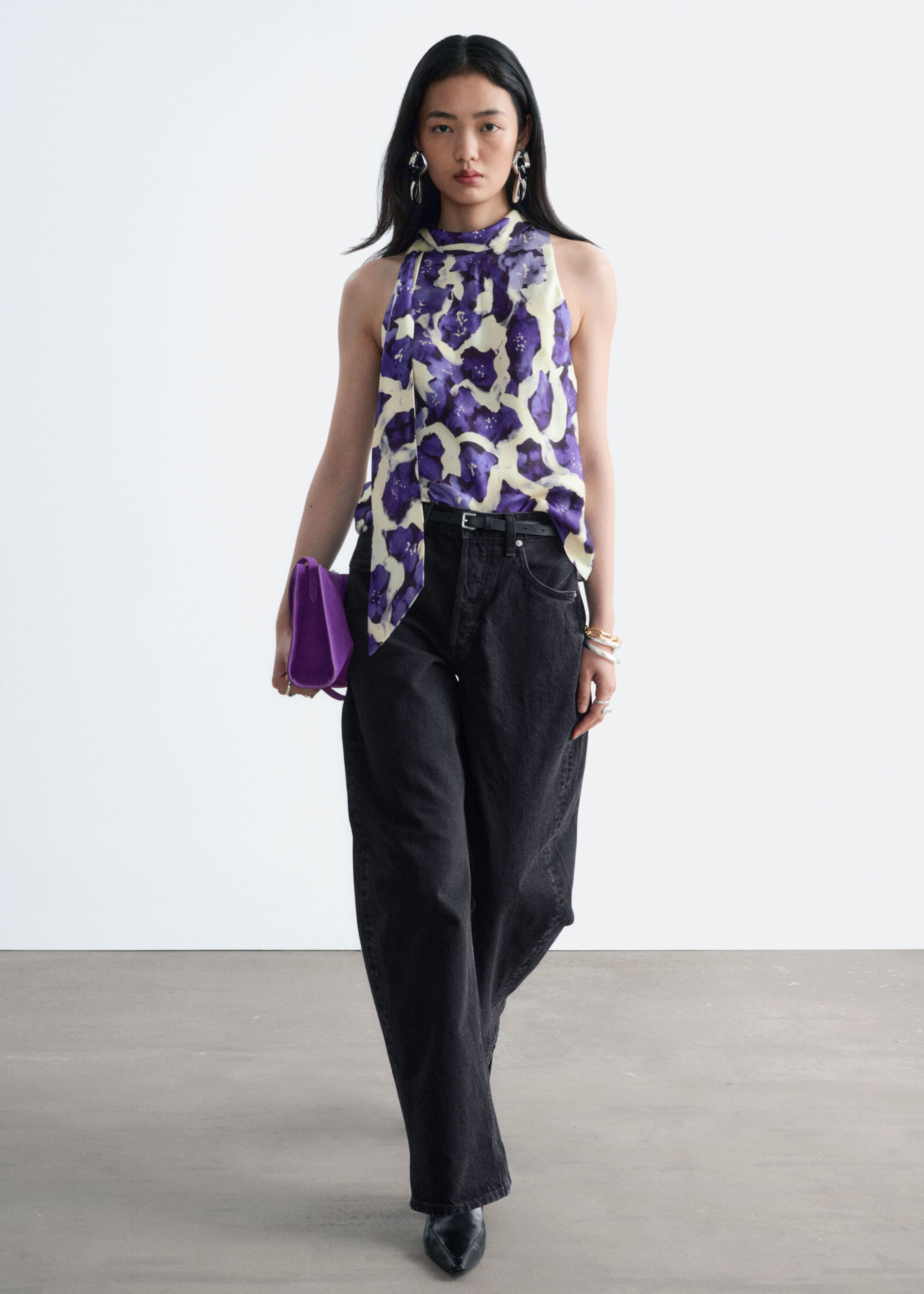 Scarf-Neck Silk Top - White/Purple - Lookbook