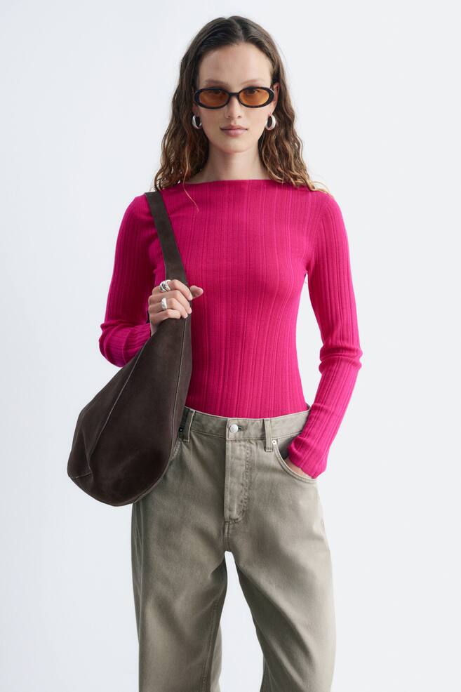 Rib-Knit Wool Boatneck Top - Bright Pink/Dark Brown - 1