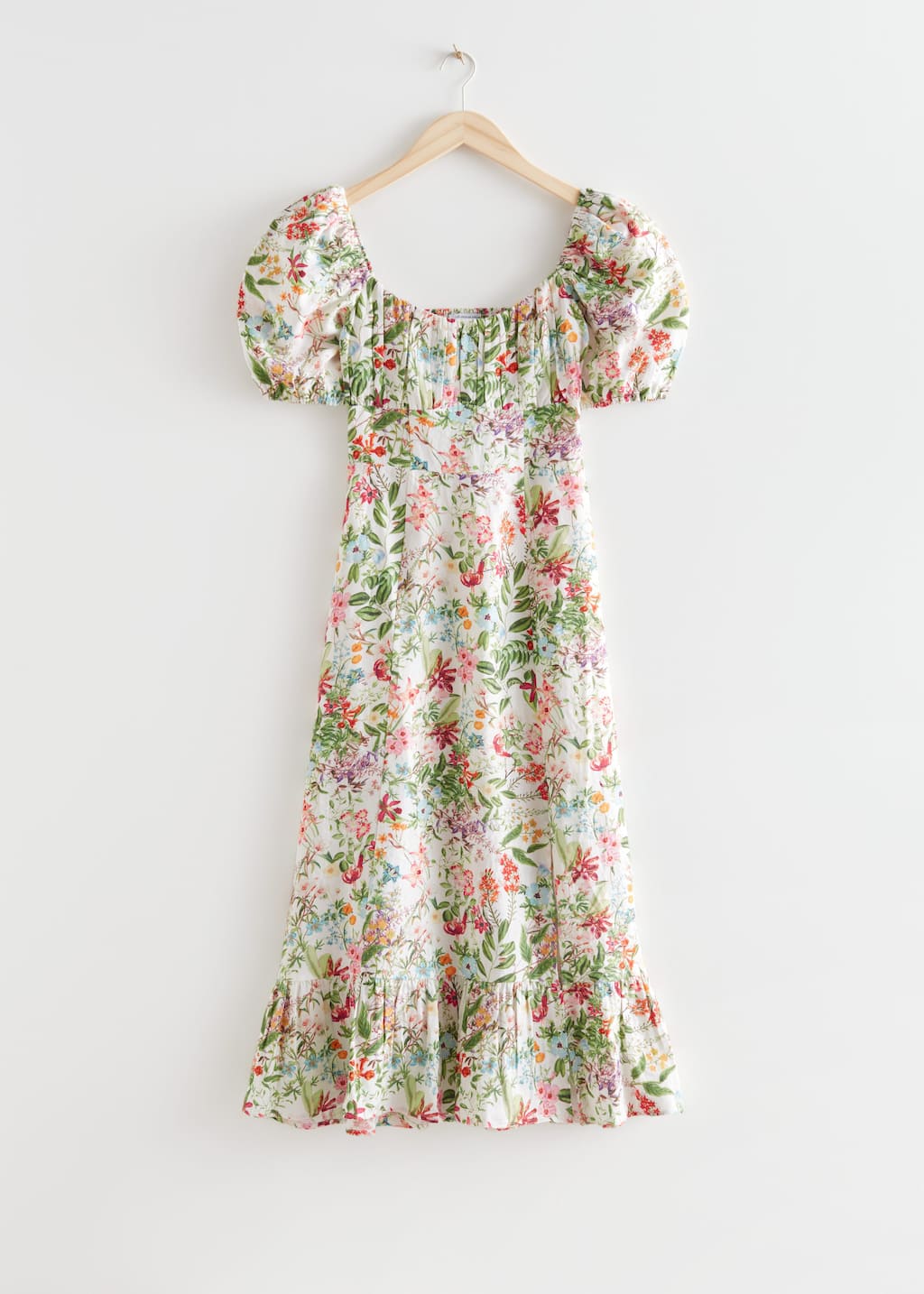 Vestido midi de lino con mangas abullonadas - White/Green - Bodegón
