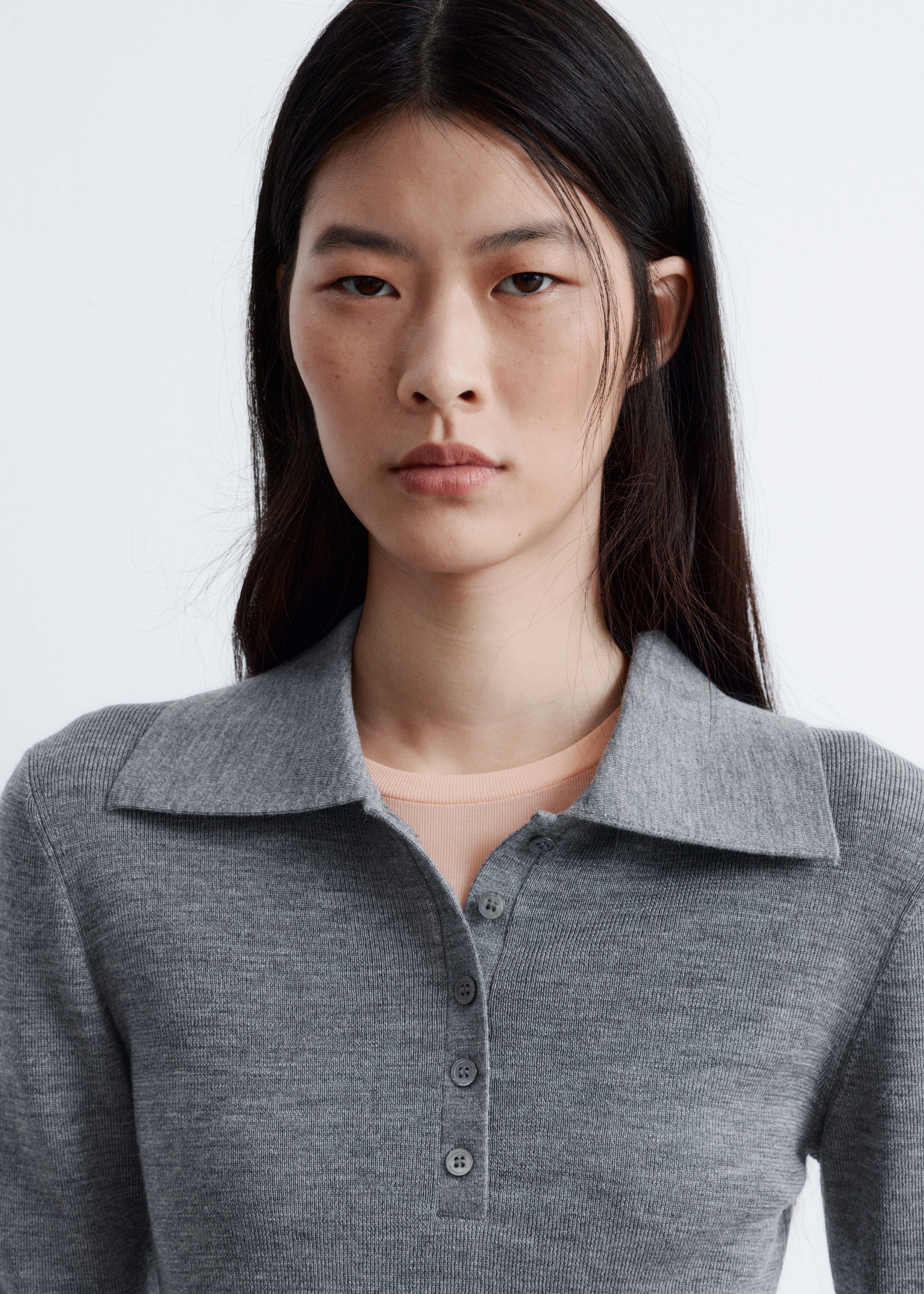 Ribgebreid poloshirt van merinowol - Grijs gemêleerd