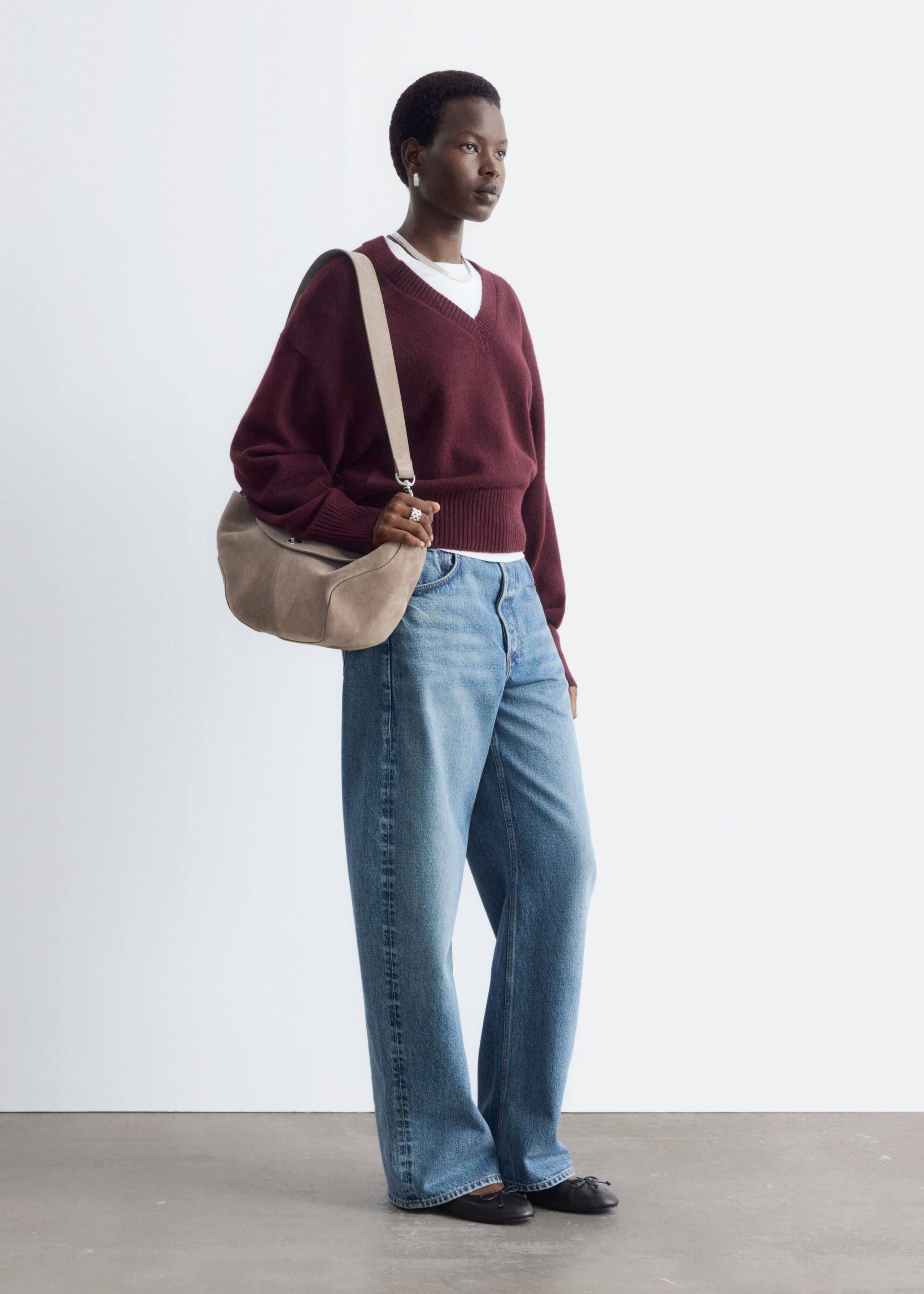 Wool-Cotton V-Neck Jumper - Grey - Lookbook