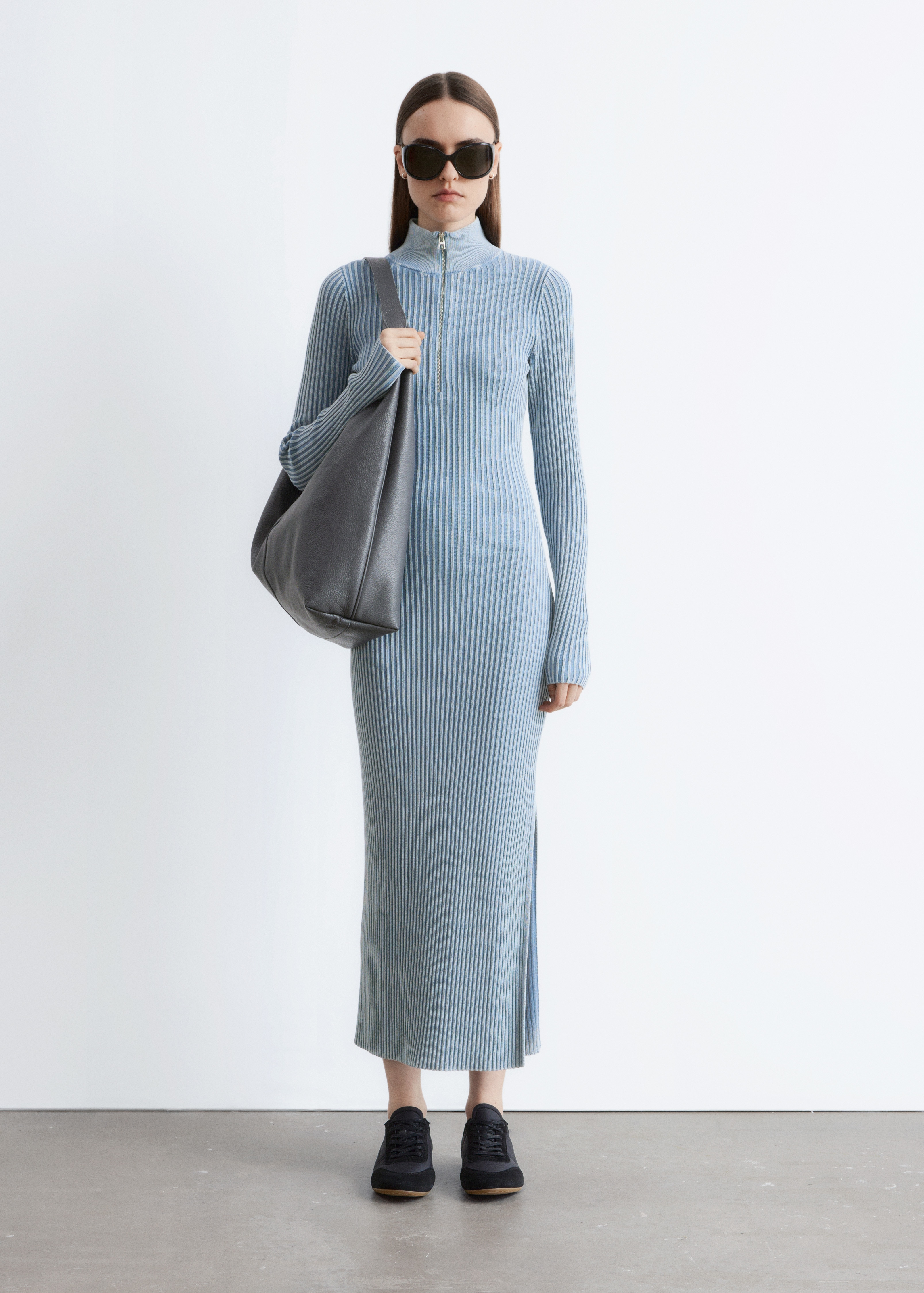 Robe longue zippée et côtelée - Bleu poudré