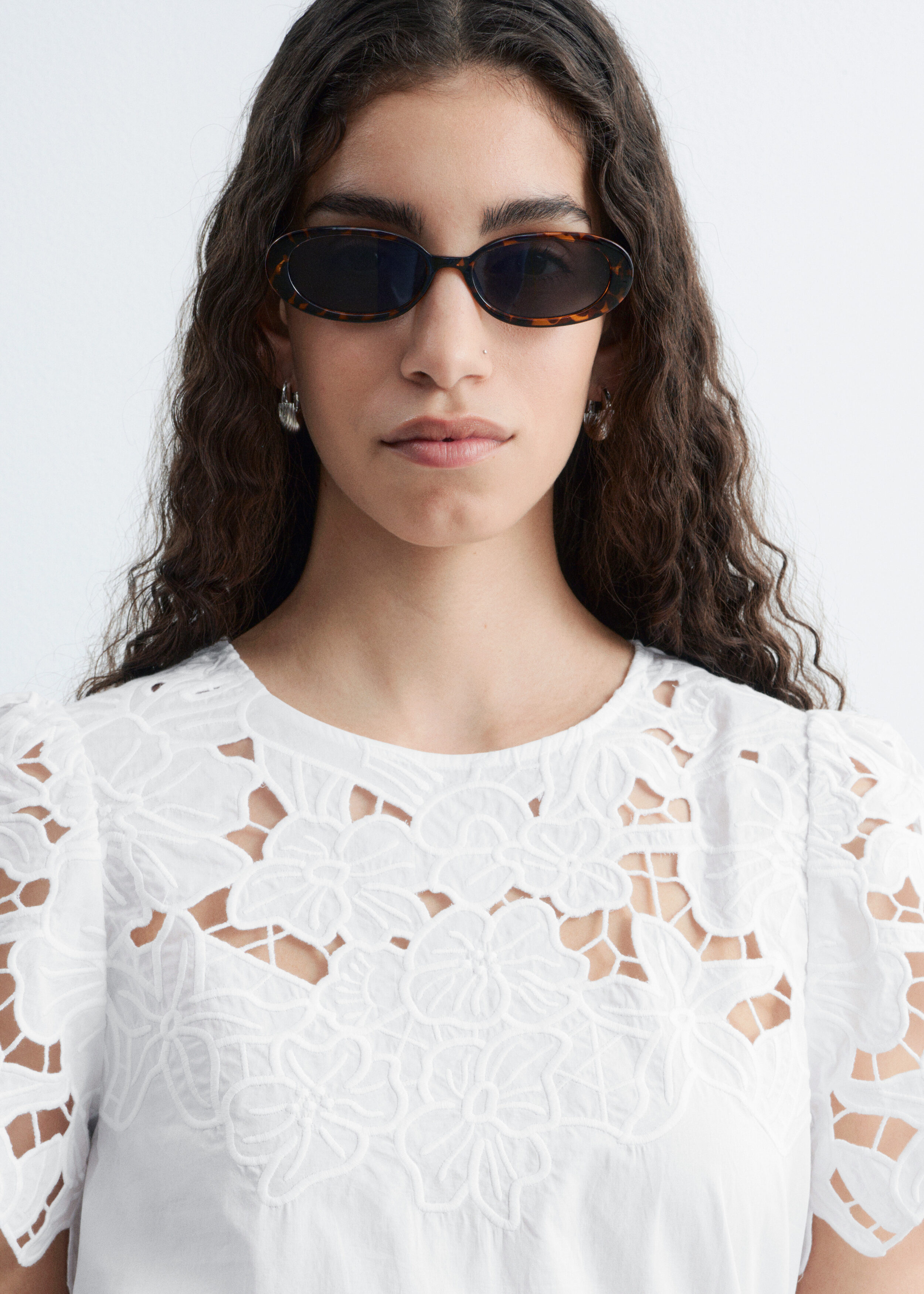 Short-Sleeve Floral-Embroidery Blouse - White - Blouses | & Other