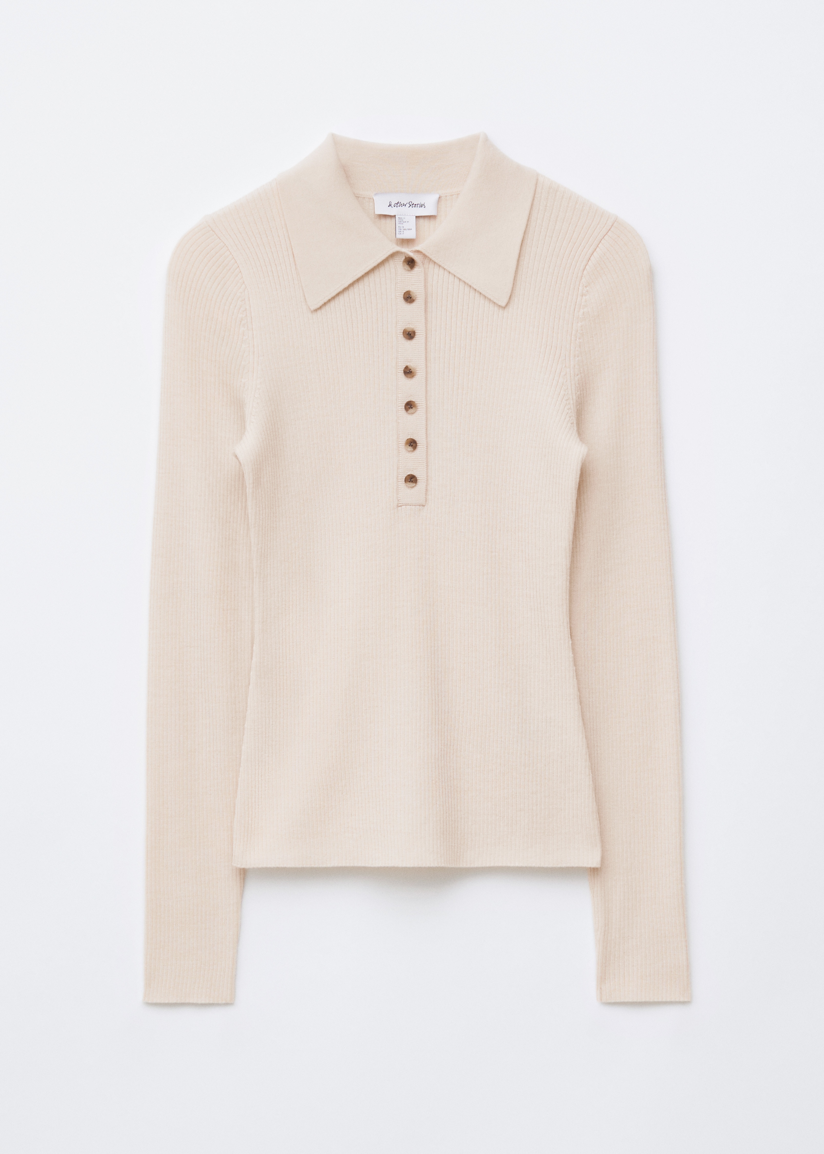 Polo en laine mérinos à manches longues - Blanc crème/Gris foncé