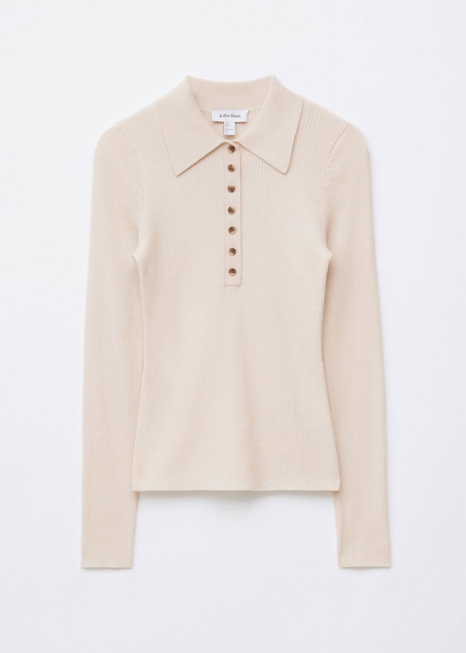 Top polo cu mânecă lungă din lână merino - Alb Crem/Gri închis - 2