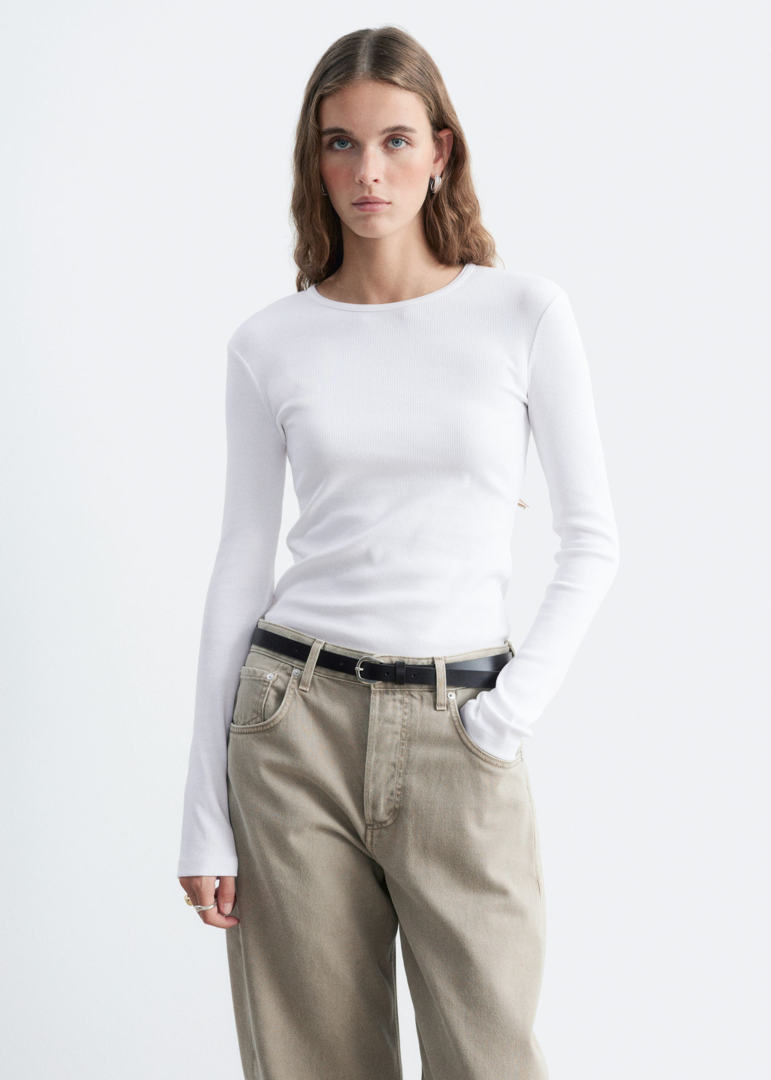 Top de manga larga de canalé - Blanco - Lookbook