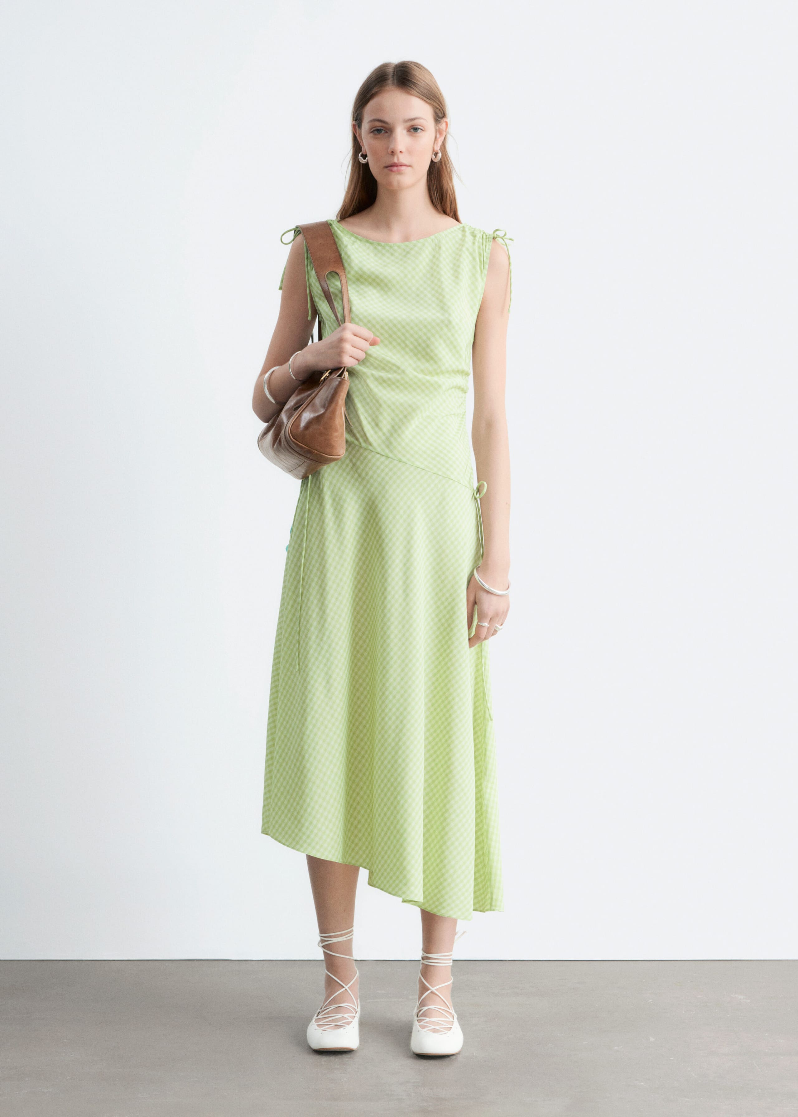 Asymmetric Draped Midi Dress - Light Green/Gingham Checked - Lookbook