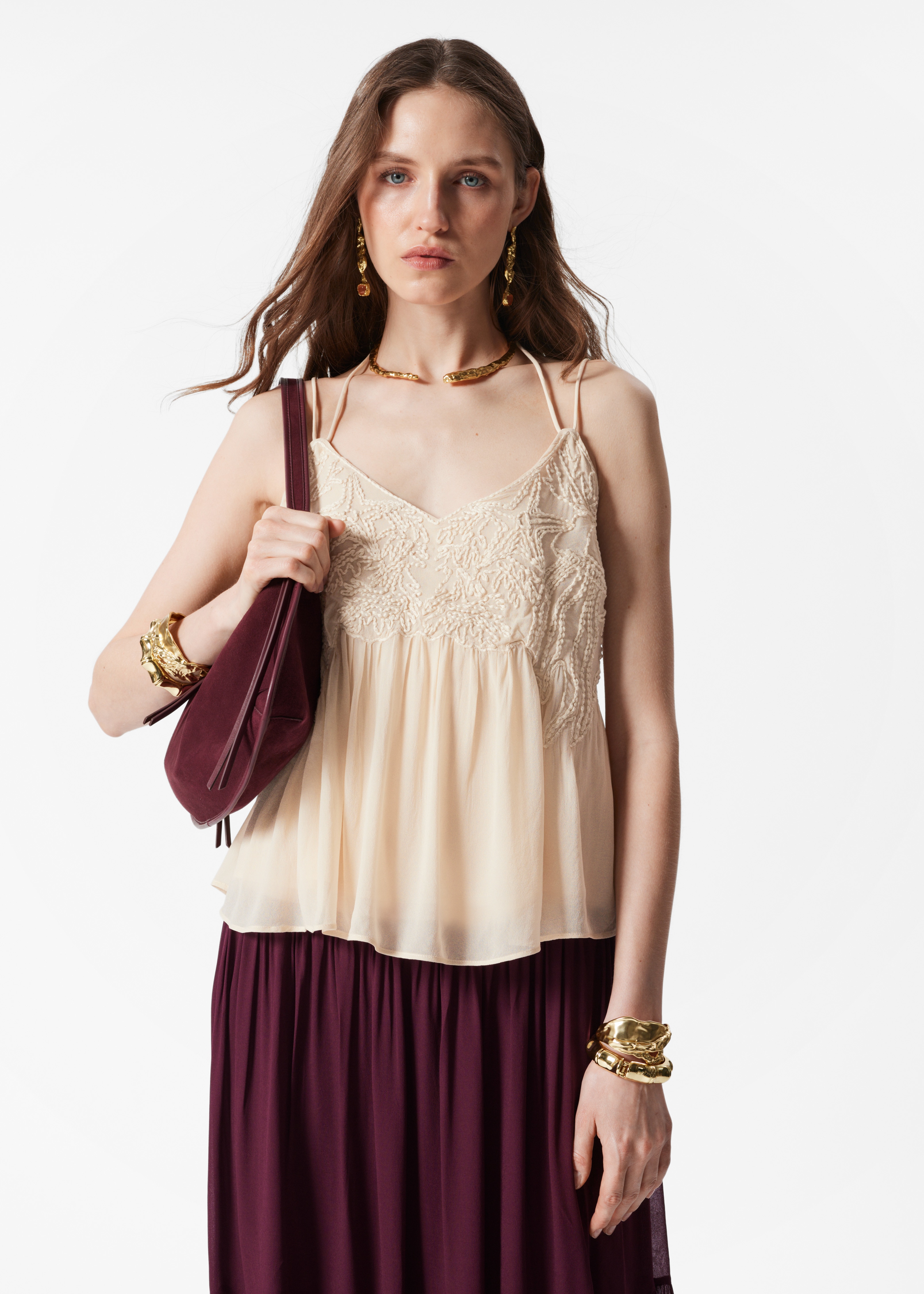 Haftowany top na ramiączkach - Beżowy