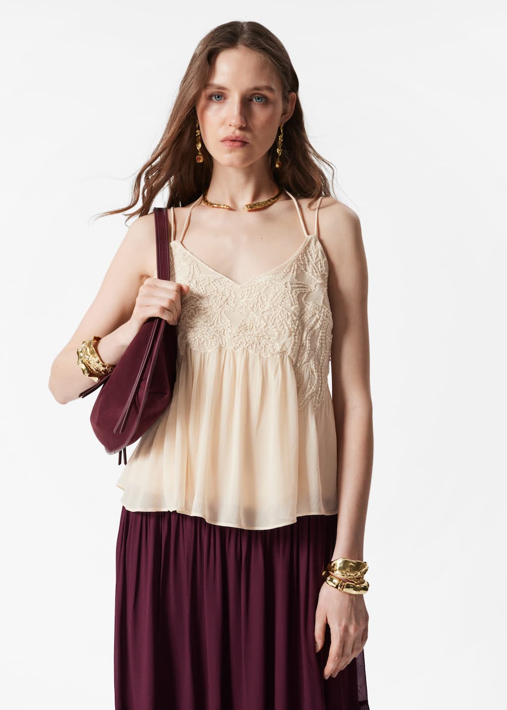 Top con spalline ricamato - Beige - Lookbook