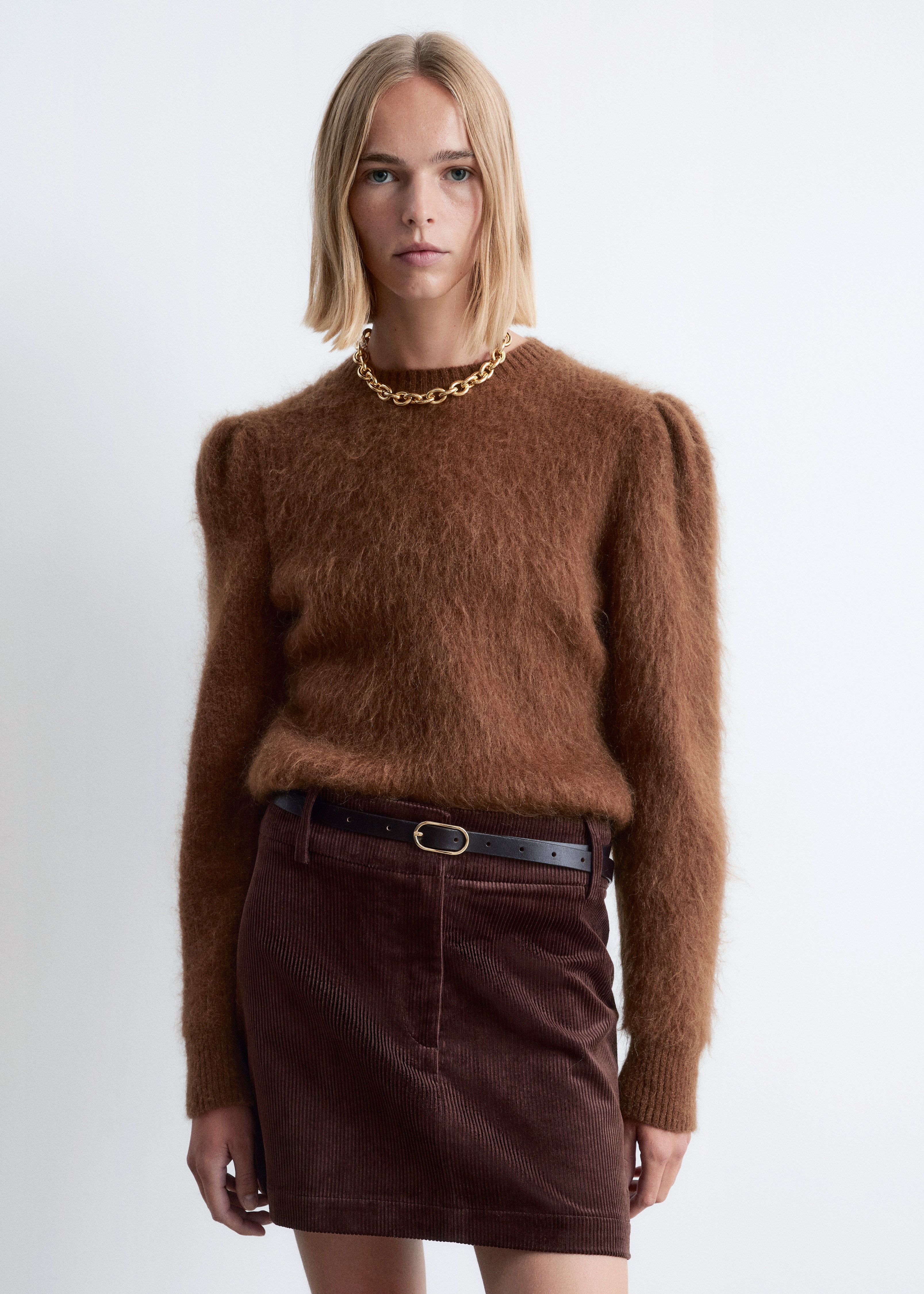 Πουλόβερ με Φουσκωτά Μανίκια από Μείγμα Μοχέρ - Καφέ/Λευκό/Ανοιχτό Μπλε