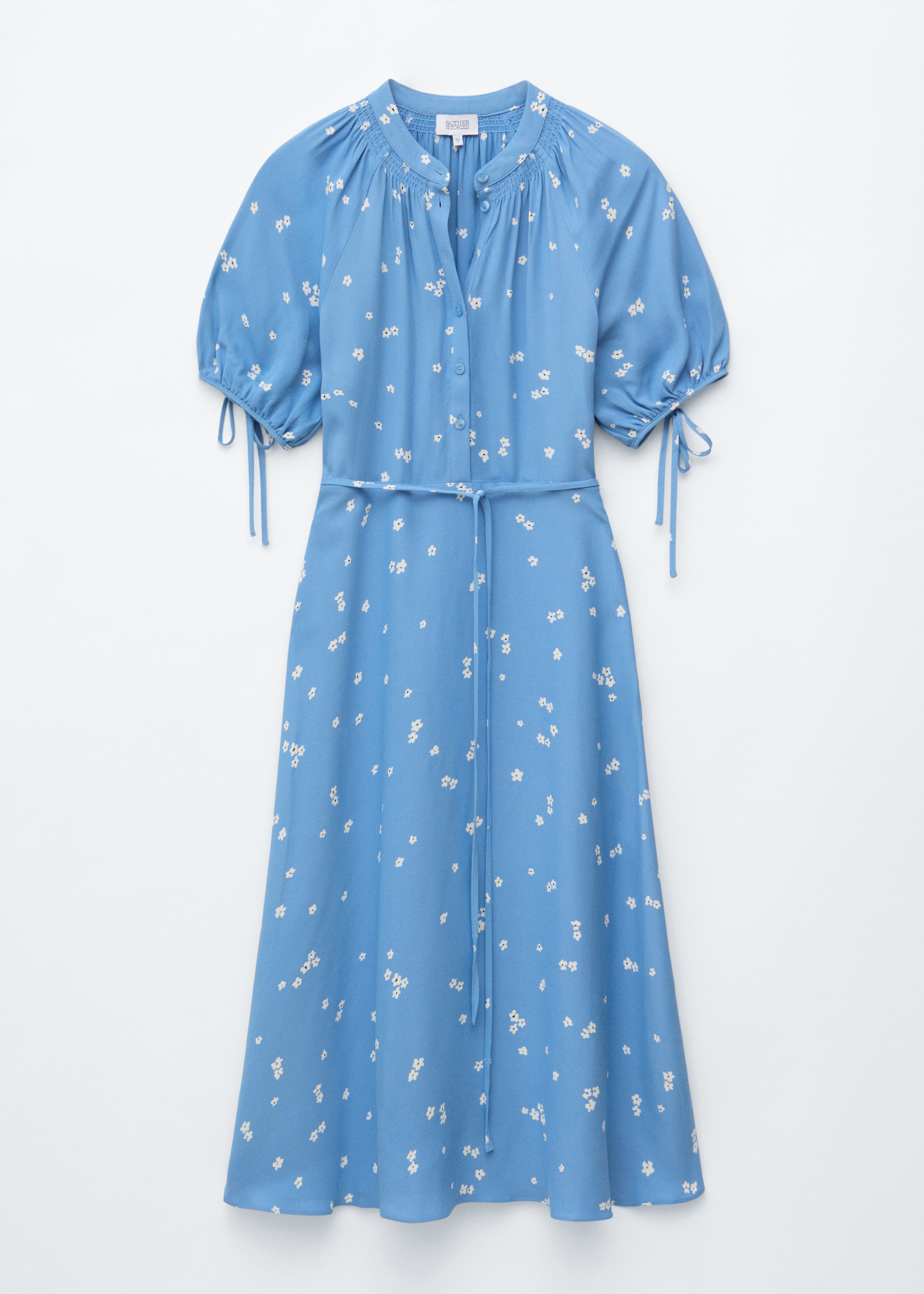 Vestido midi com atilhos na cintura-Azul/Flores