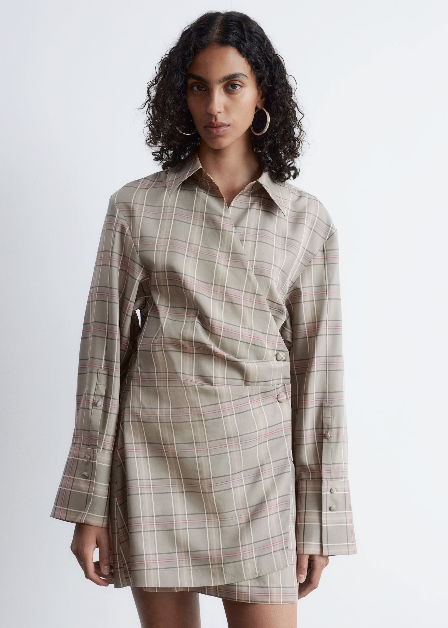 Wrap Shirt Mini Dress - Green/Beige Checked - 5