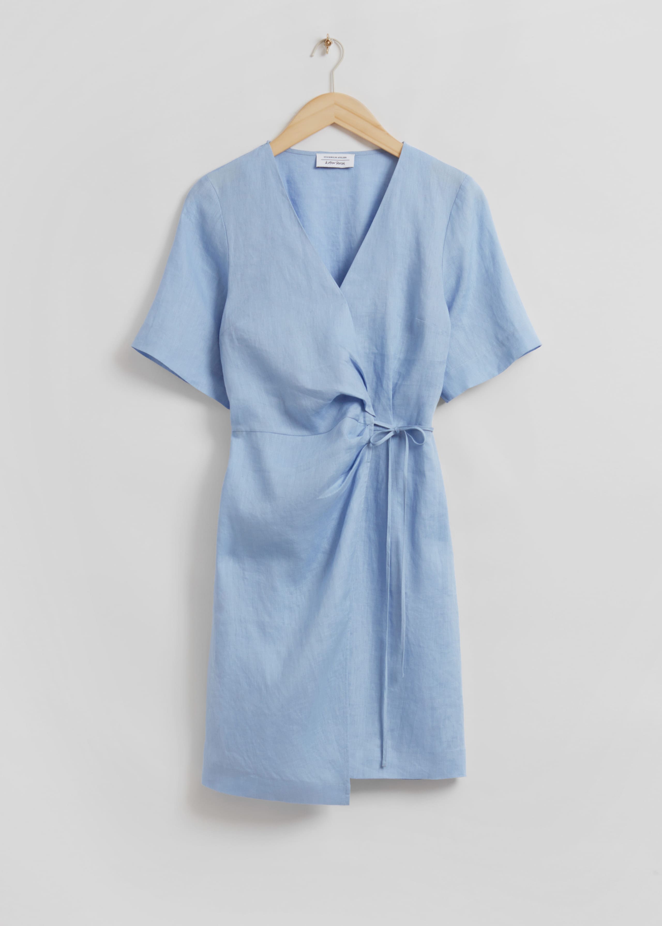 Linen Diagonal Wrap Dress - Light Blue - Natura morta