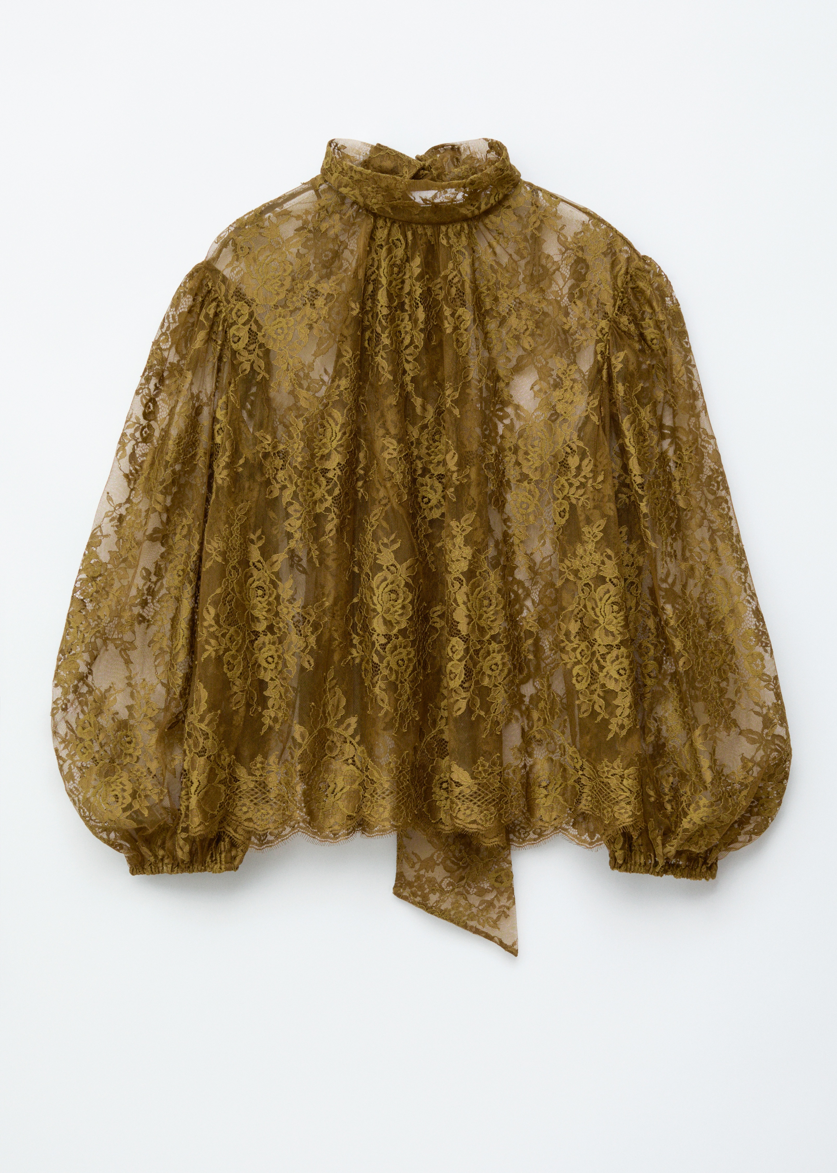 Blusa in pizzo con fiocco - Verde kaki/Bianco