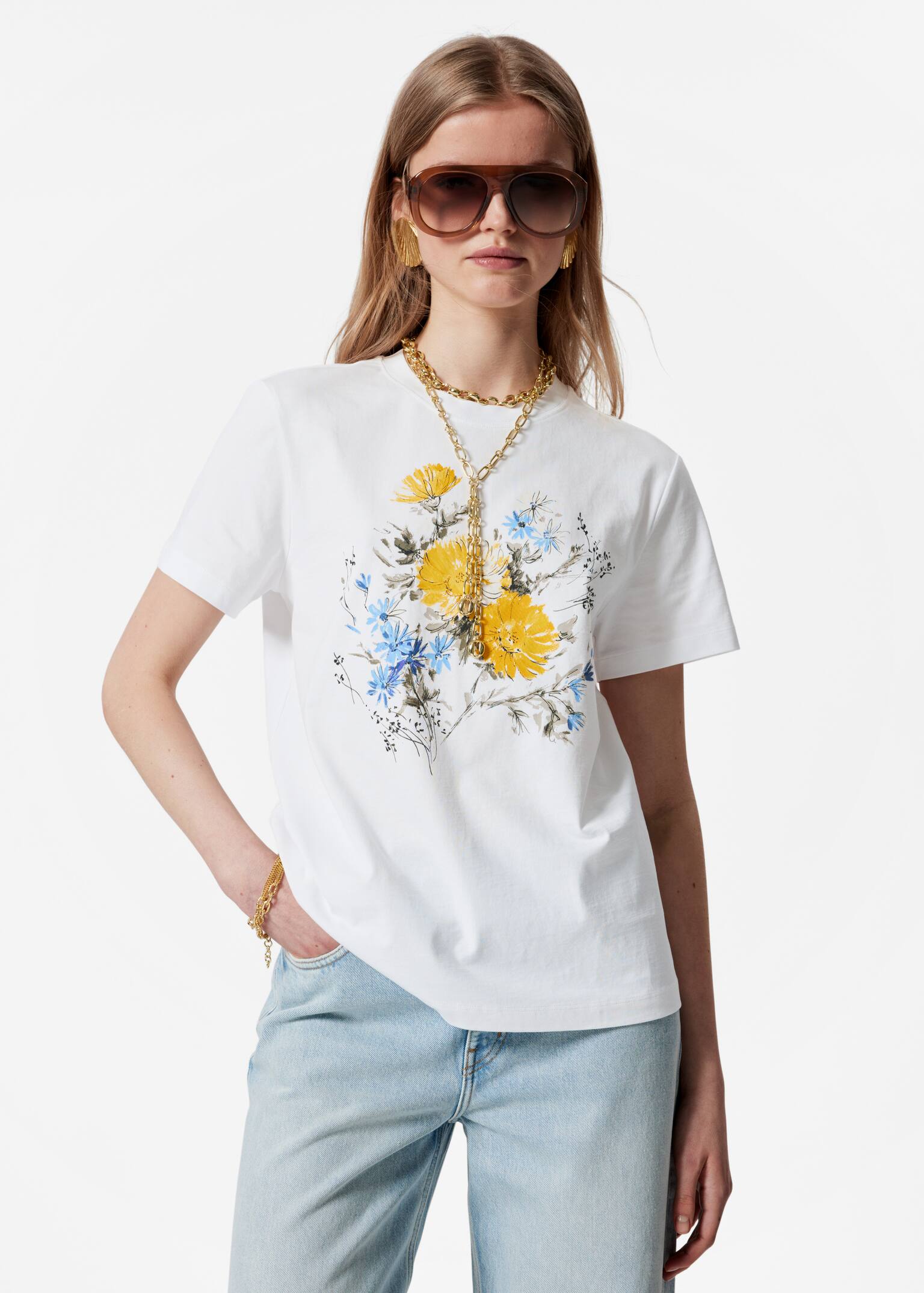 Tricou din bumbac - Imprimeu floral galben/Alb cu imprimeu/Albastru închis/Imprimeu