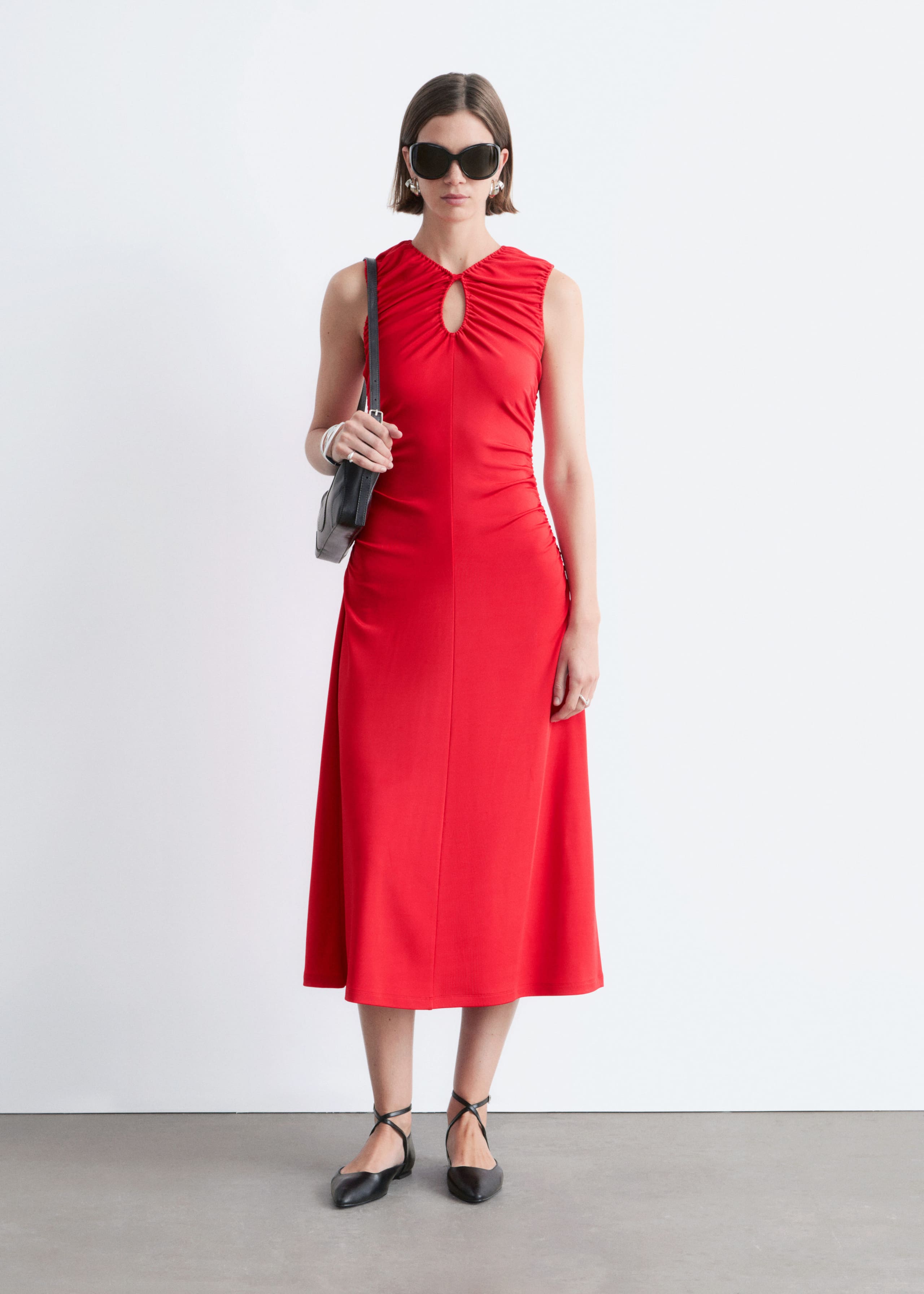 Image of Ruched Keyhole-Neck Midi Dress