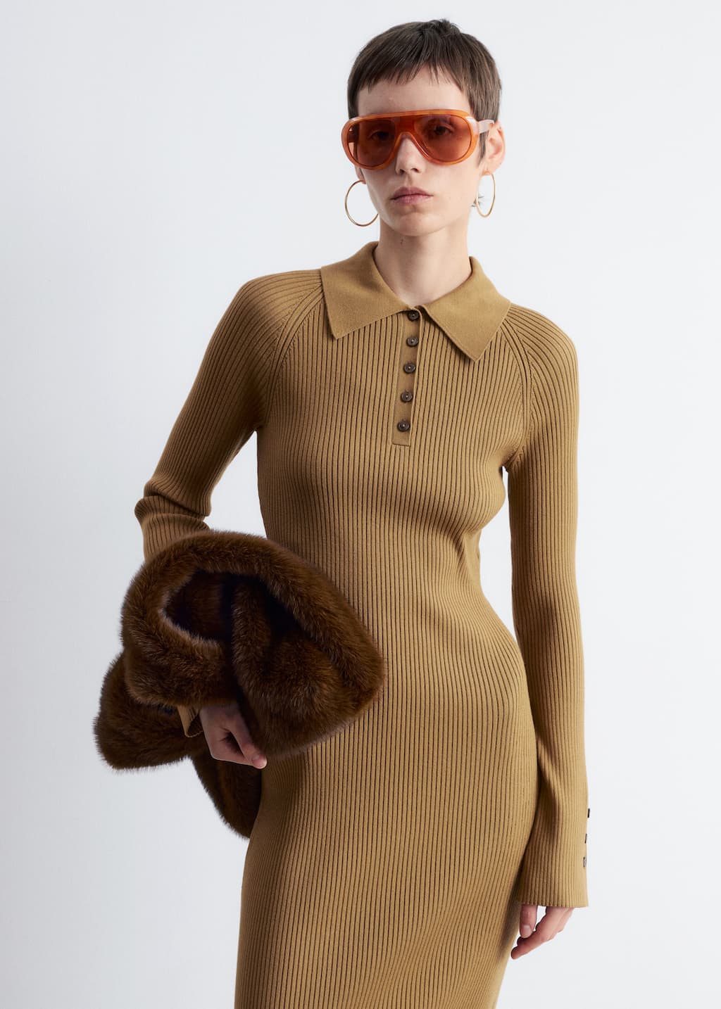Image of Rib-Knit Polo Midi Dress