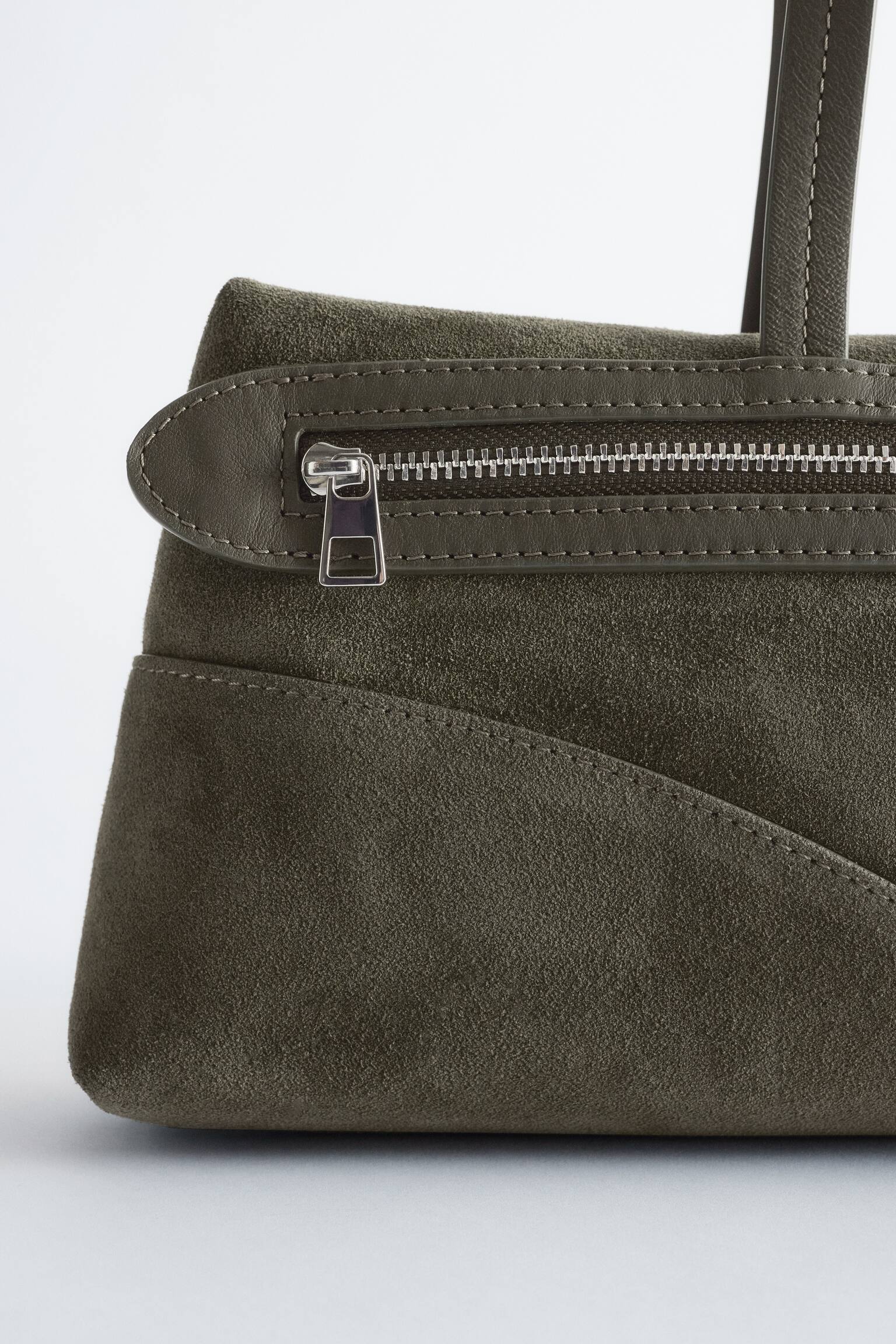 Slim Leather Shoulder Bag - Khakigrön mocka/Mörkbrun läder/Bright Yellow Suede - 3