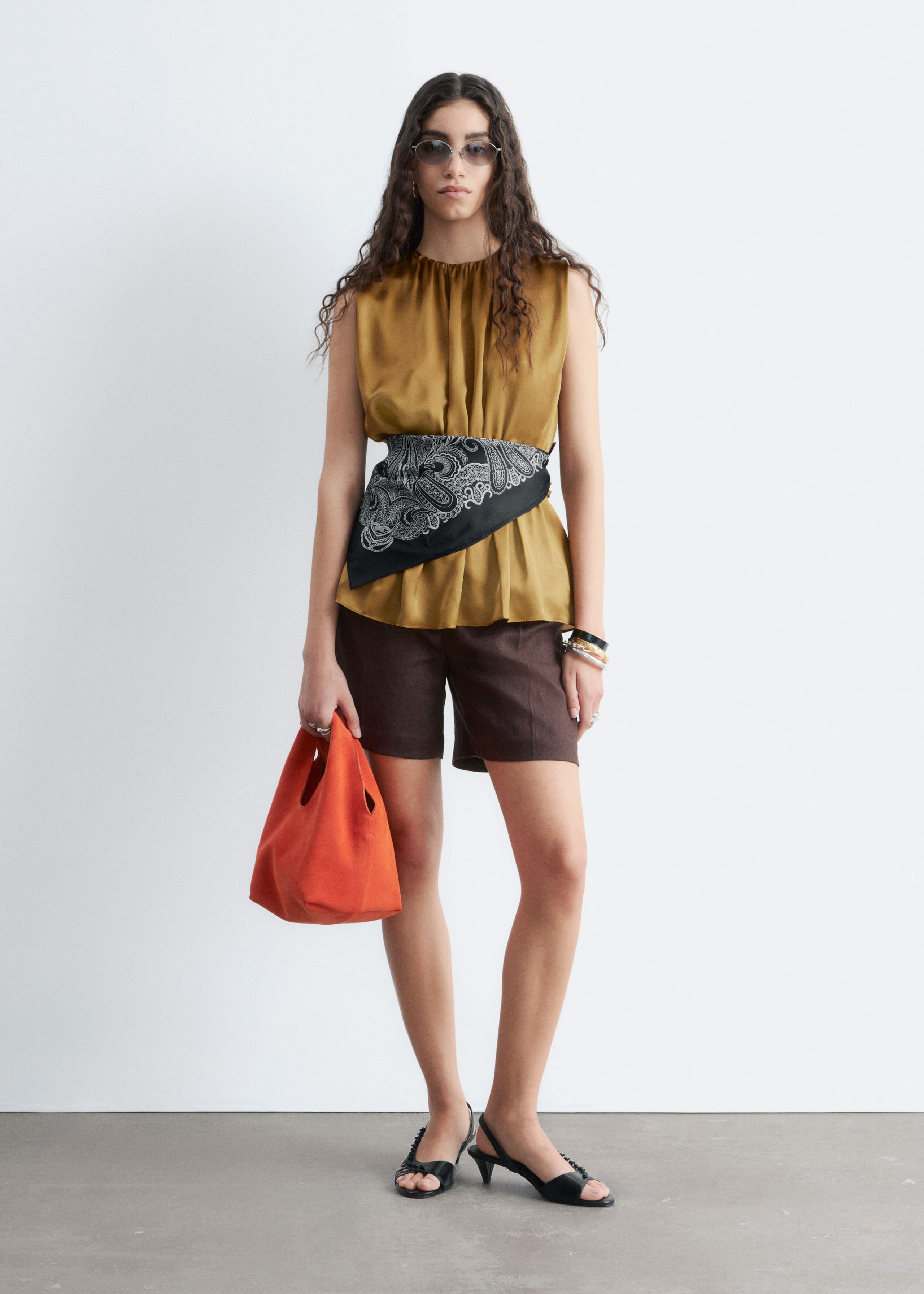 Sleeveless Silk Frill Top - Brown - Lookbook