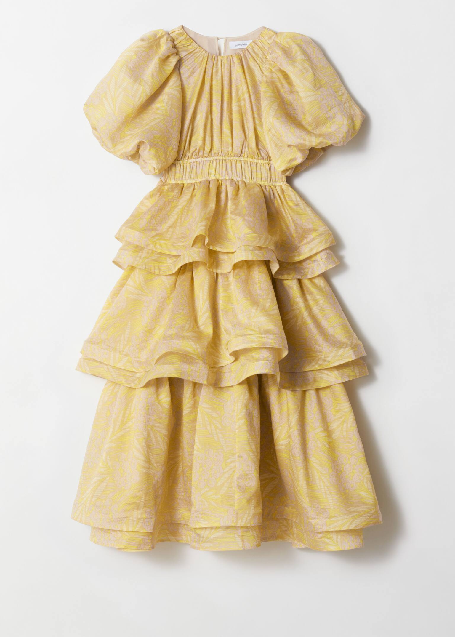 Többszintes puffos ujjú maxi ruha - Sárga jacquard