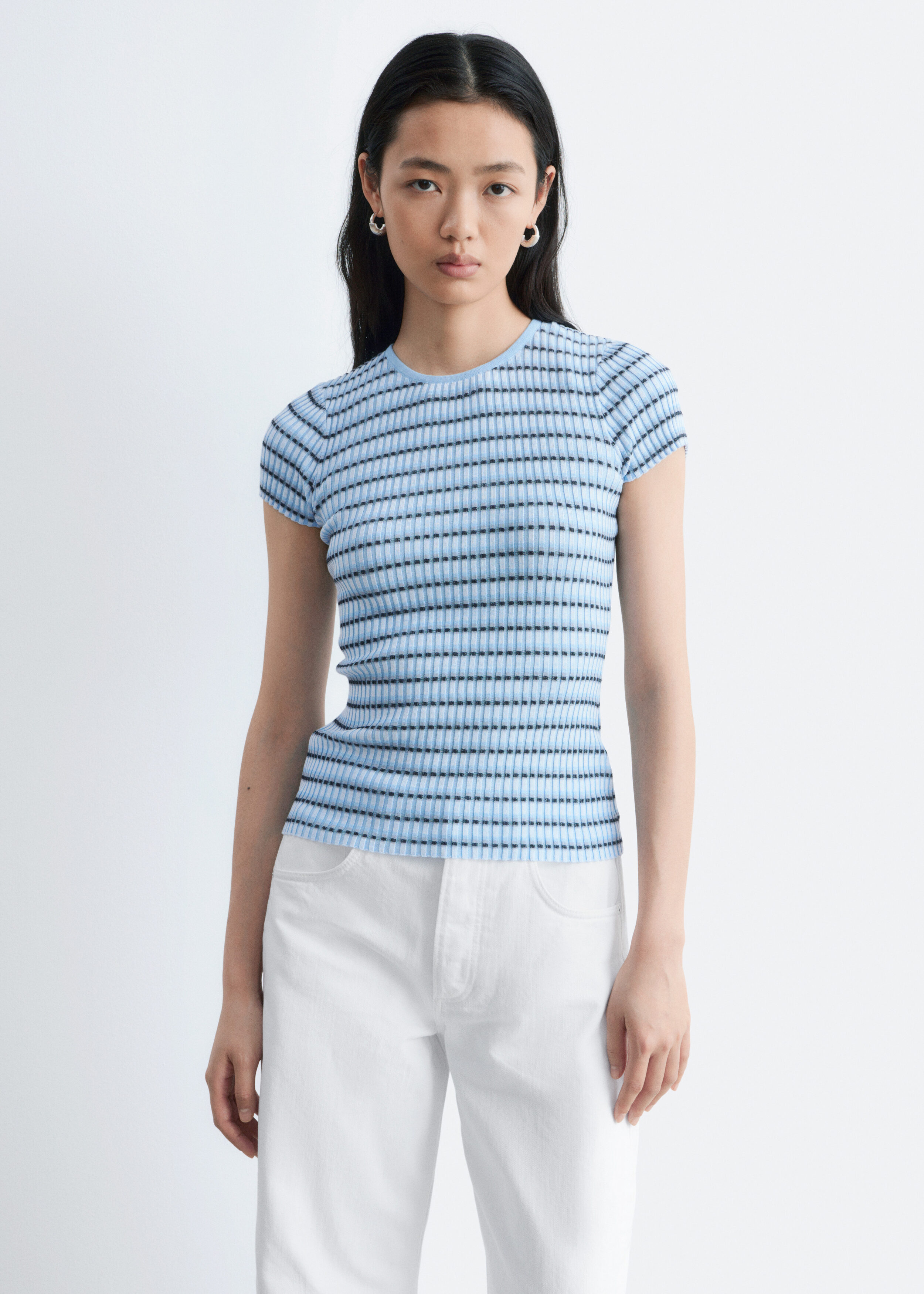 Striped Rib-Knit T-shirt - Light Blue/Black Stripes - T-shirts