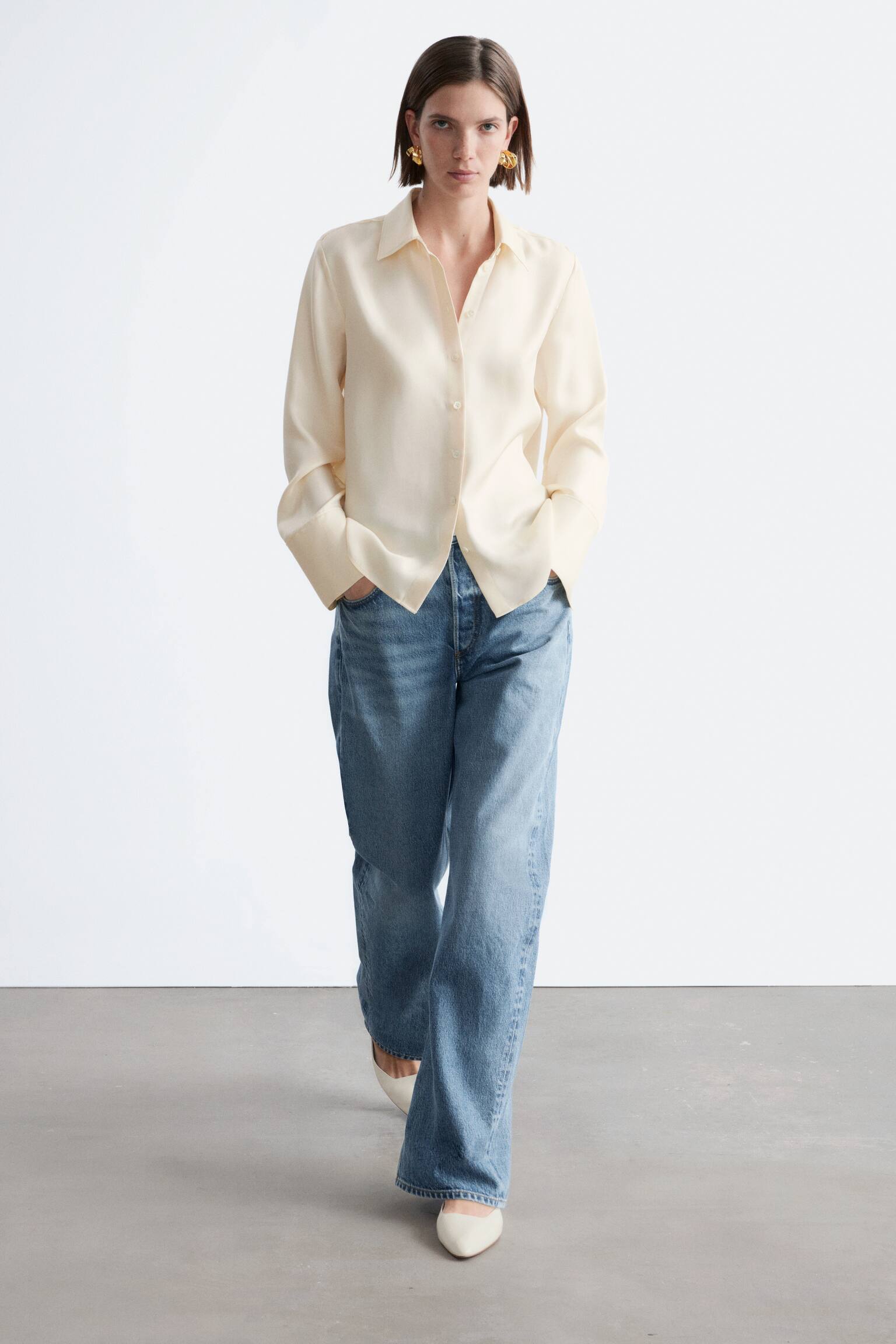 Ruimvallend zijden overhemd - Crème/Donkerblauw - 8