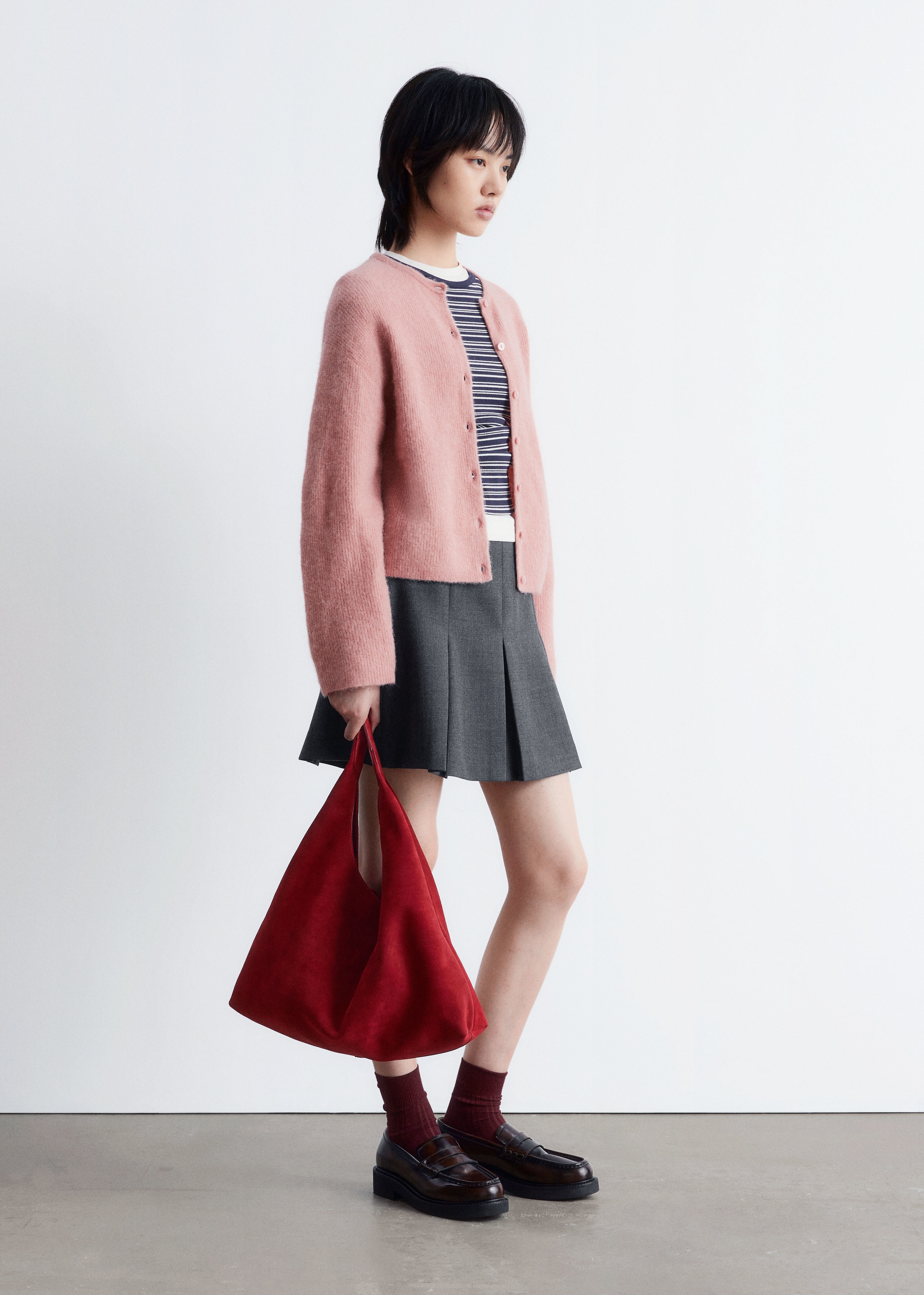 Alpaca-Blend Knitted Cardigan - Dusty Pink/White/Grey/Mole/Taupe Brown/Burgundy Melange