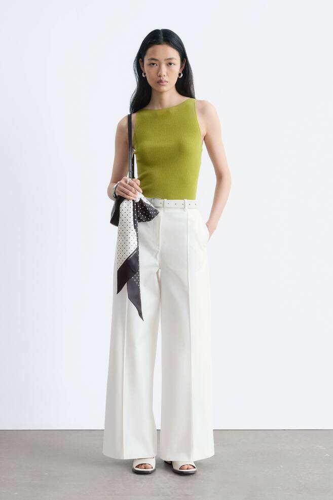 Press-Crease Cotton Trousers - White/Brown - 1