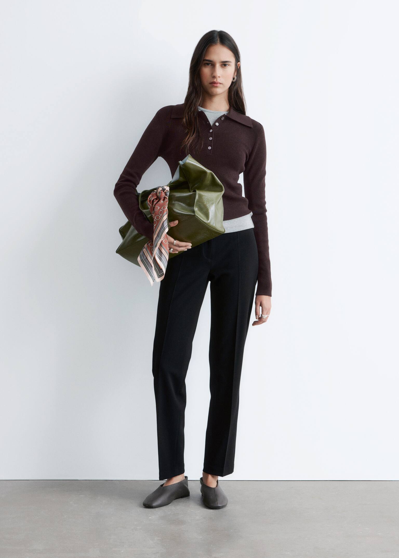 Ribgebreid poloshirt van merinowol - Donkerbruin/Perzik/Grijs gemêleerd - 8