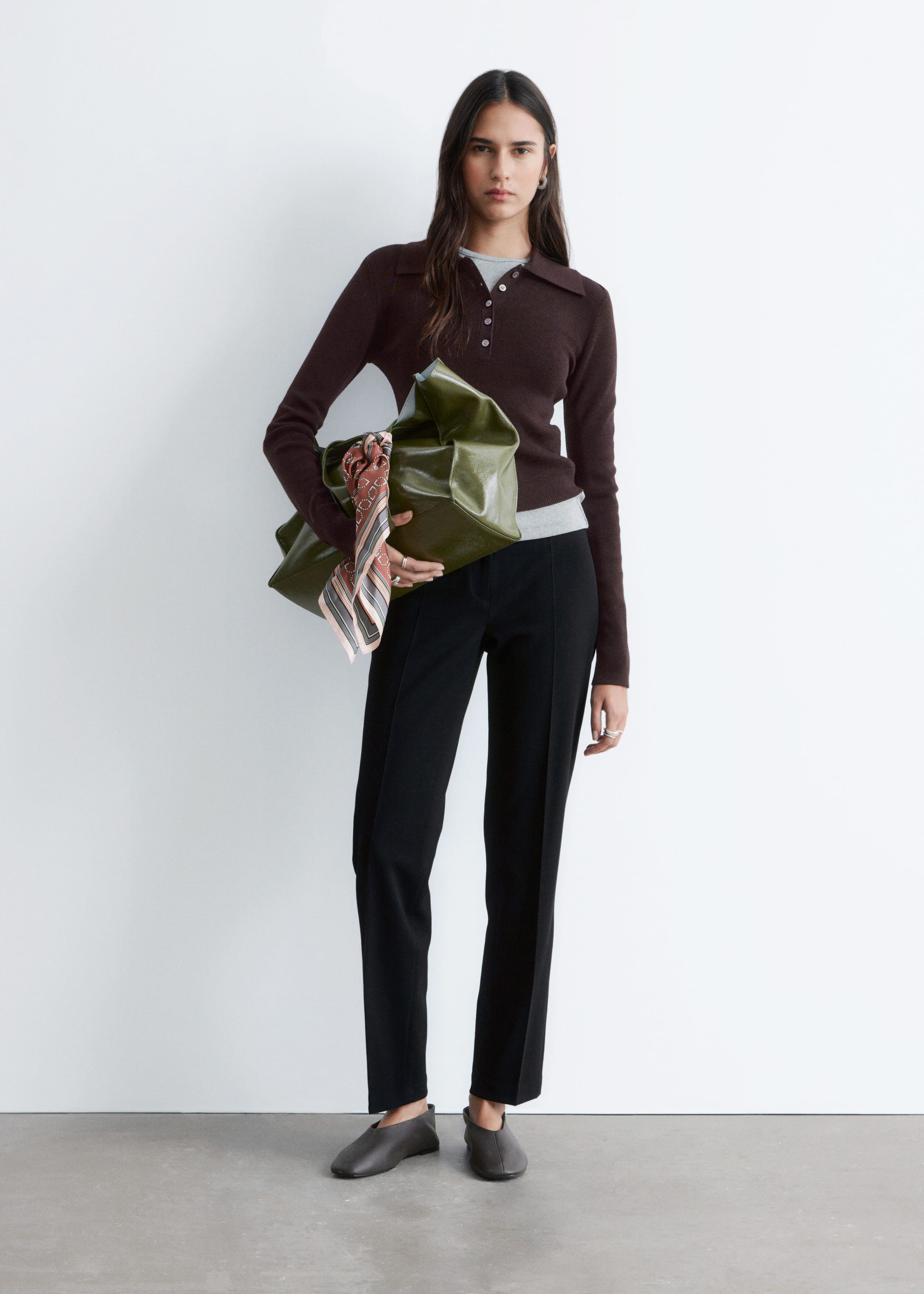 Rib-Knit Merino Wool Polo Top - Grey Melange - Lookbook