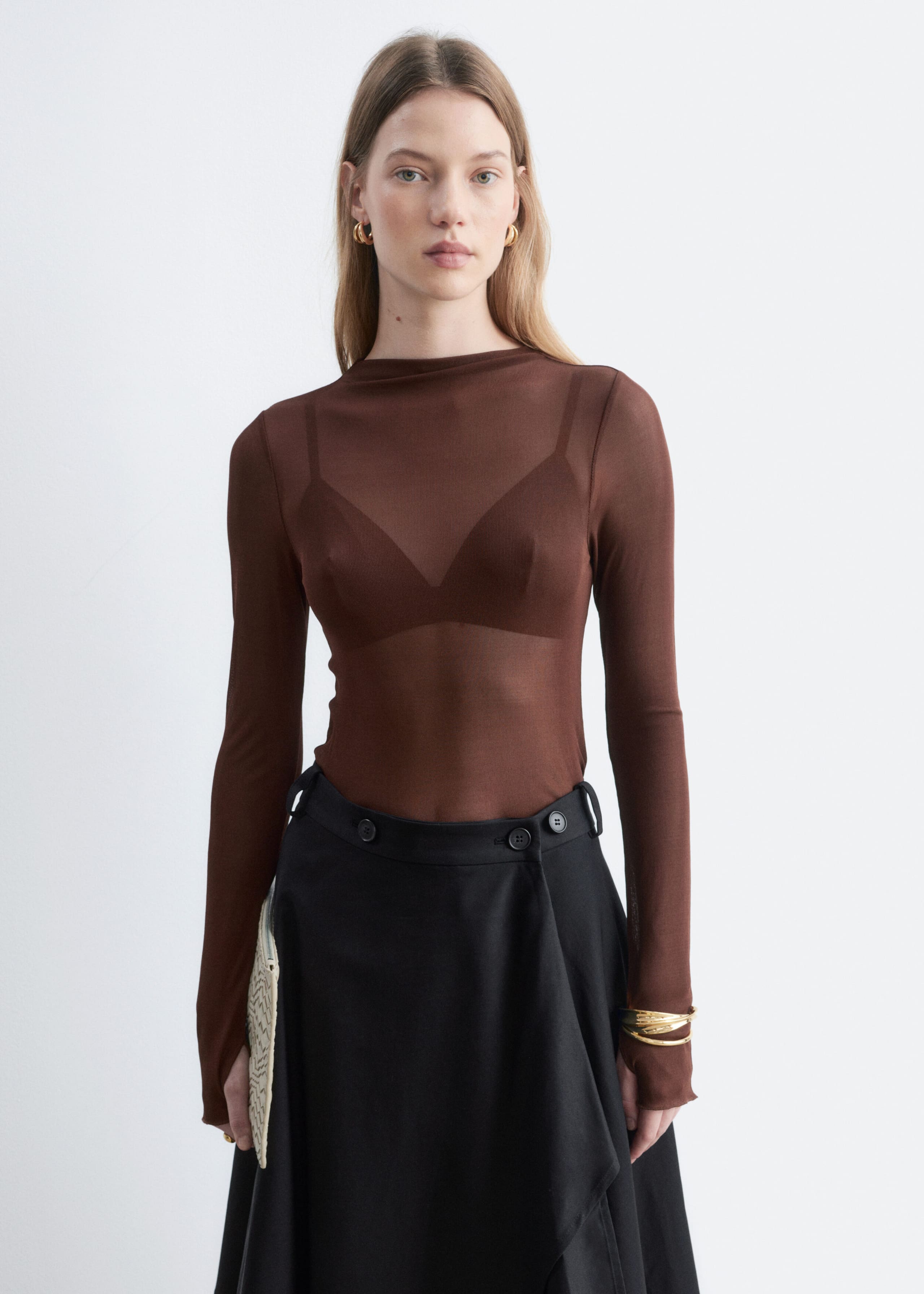 Ribbed Silk Top - Dark Brown - Lookbook