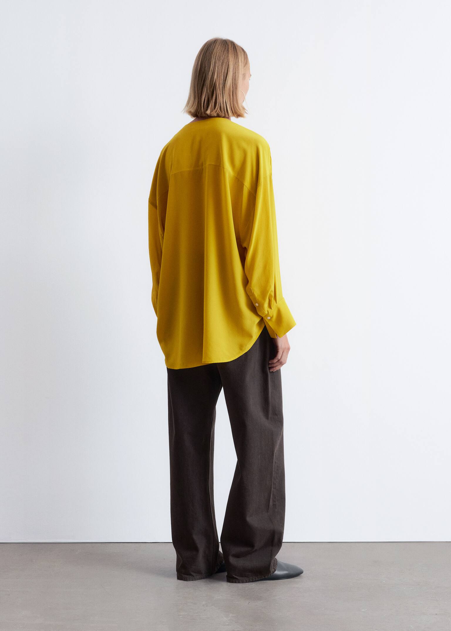 Oversized V-Neck Silk Blouse - Bright Yellow - 6