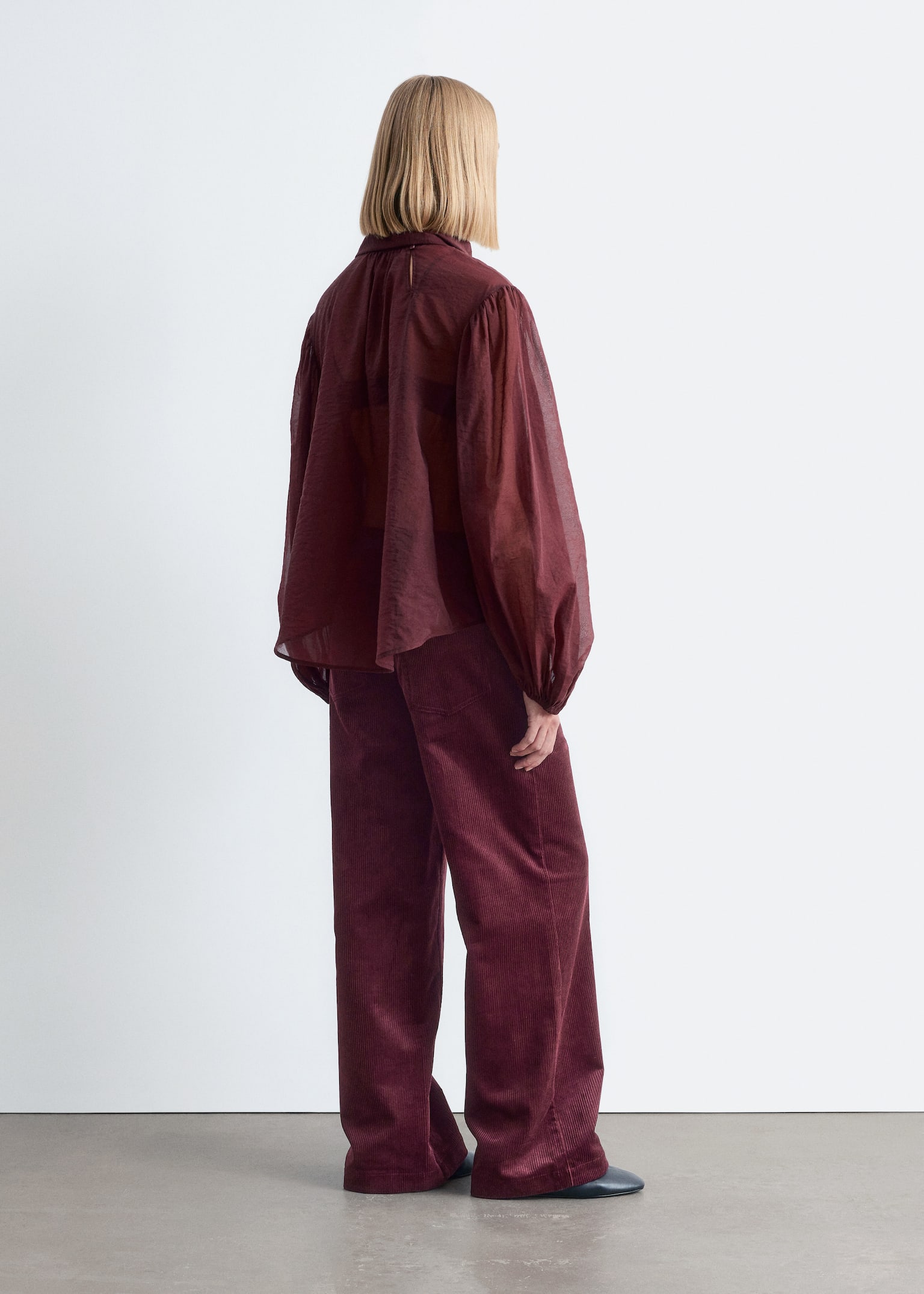 Puff-Sleeve Bow-Detail Blouse - Burgundy - 3