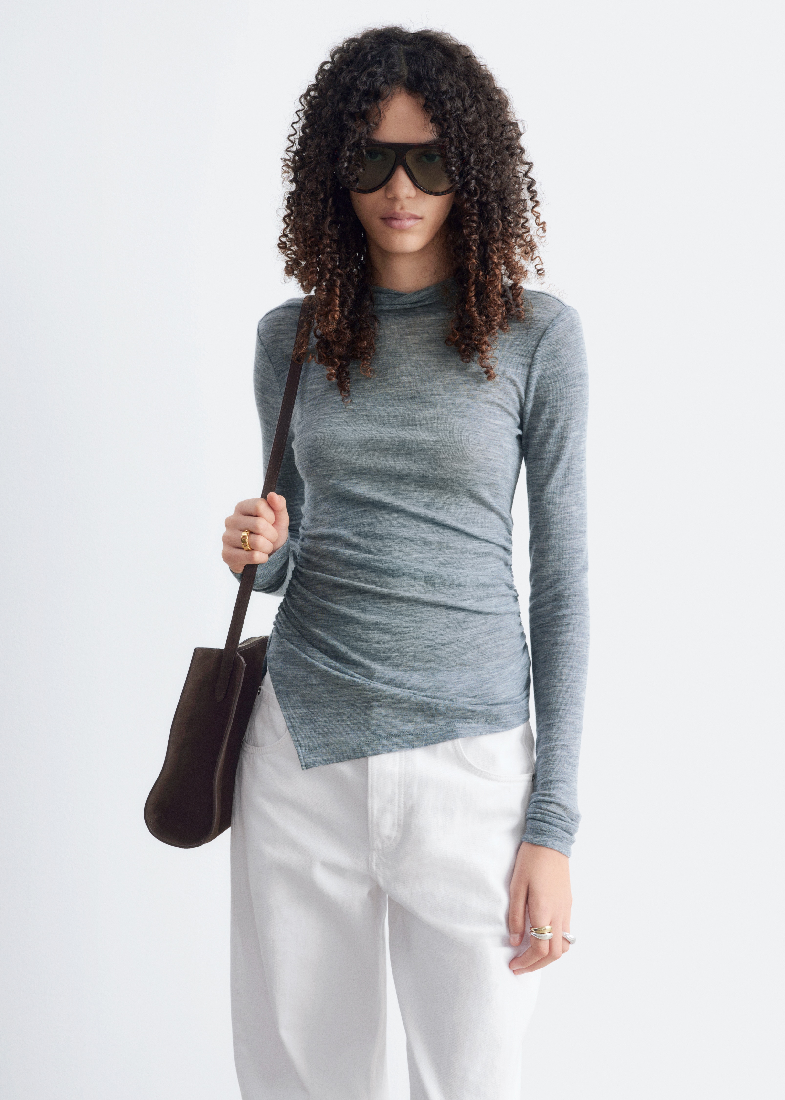 Maglia in jersey di lana con collo a lupetto - Grigio
