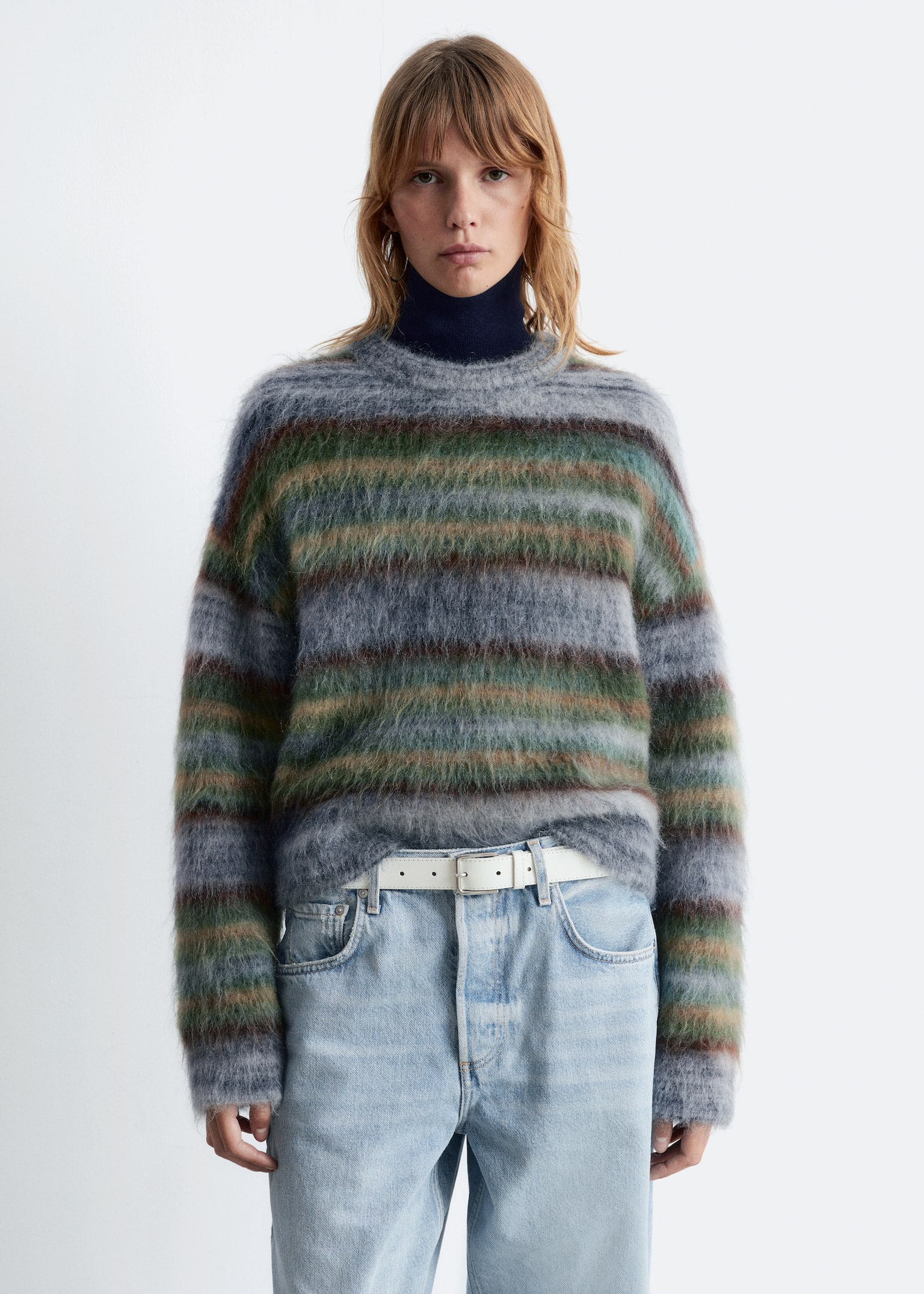Pull rayé en maille - Rayures grises et vertes - 4