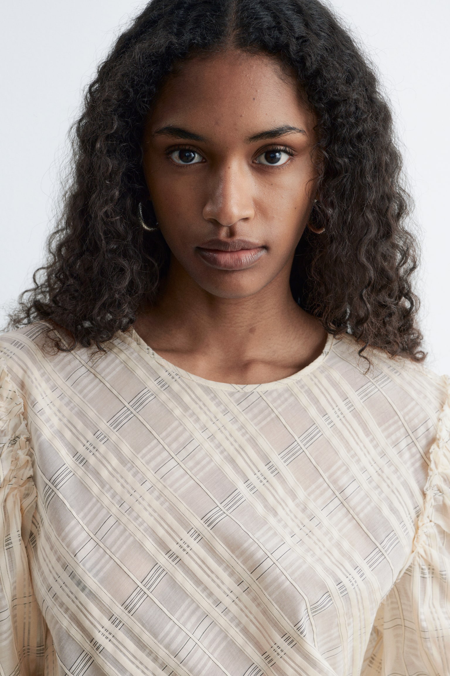 Bluză din Jacquard cu Mâneci Bufante - Bej/Tartan/Galben - 3