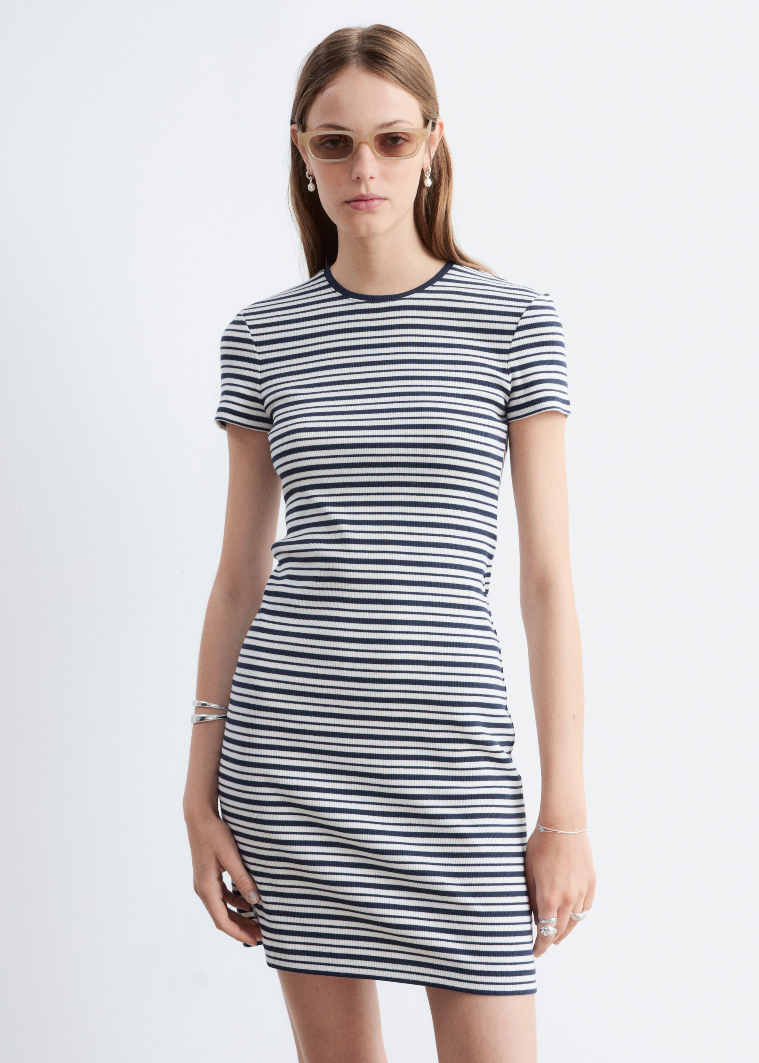 Cotton Jersey Mini Dress - White/Blue/Striped - Lookbook