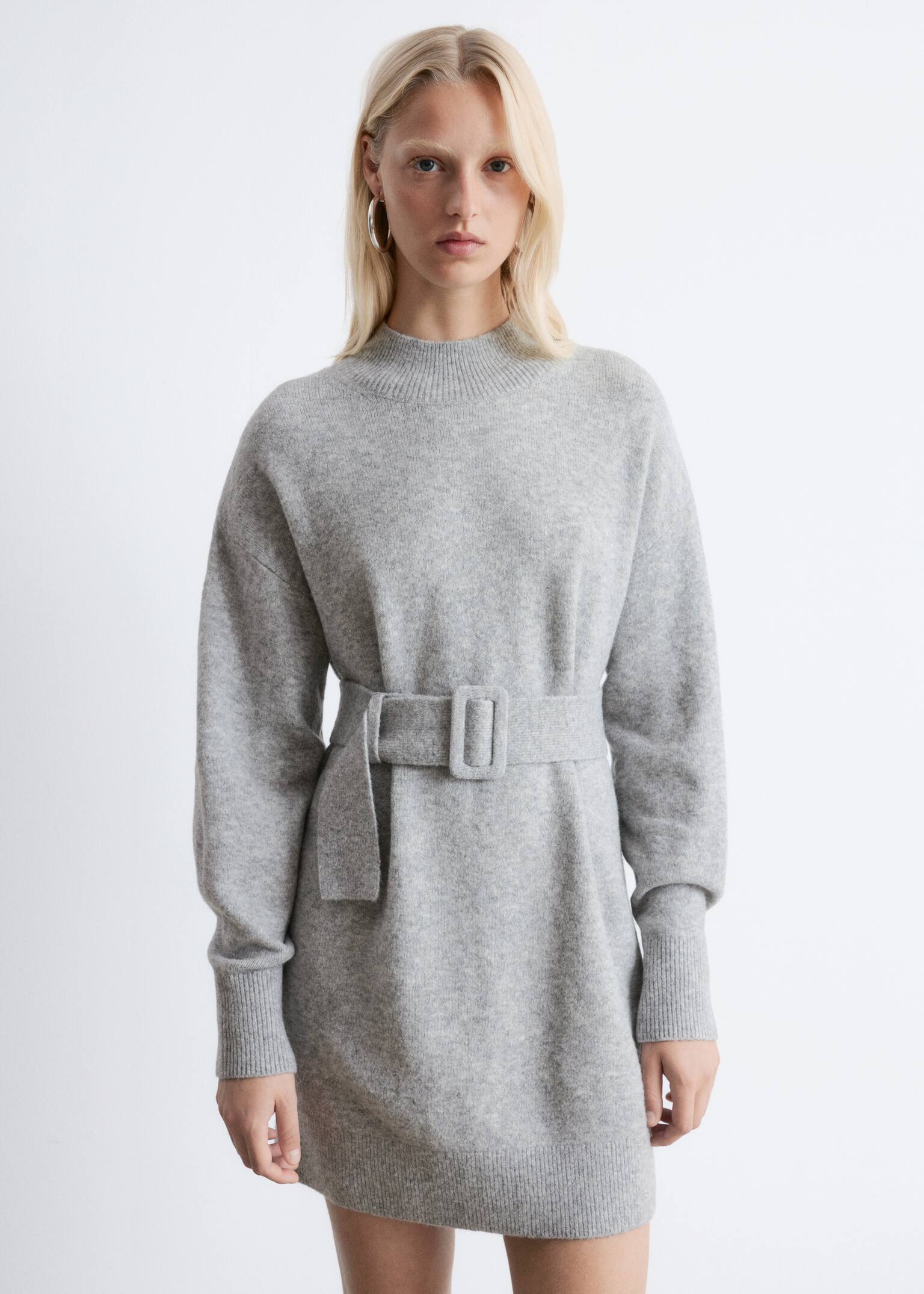 Belted Mini Knit Dress - Szary/Black