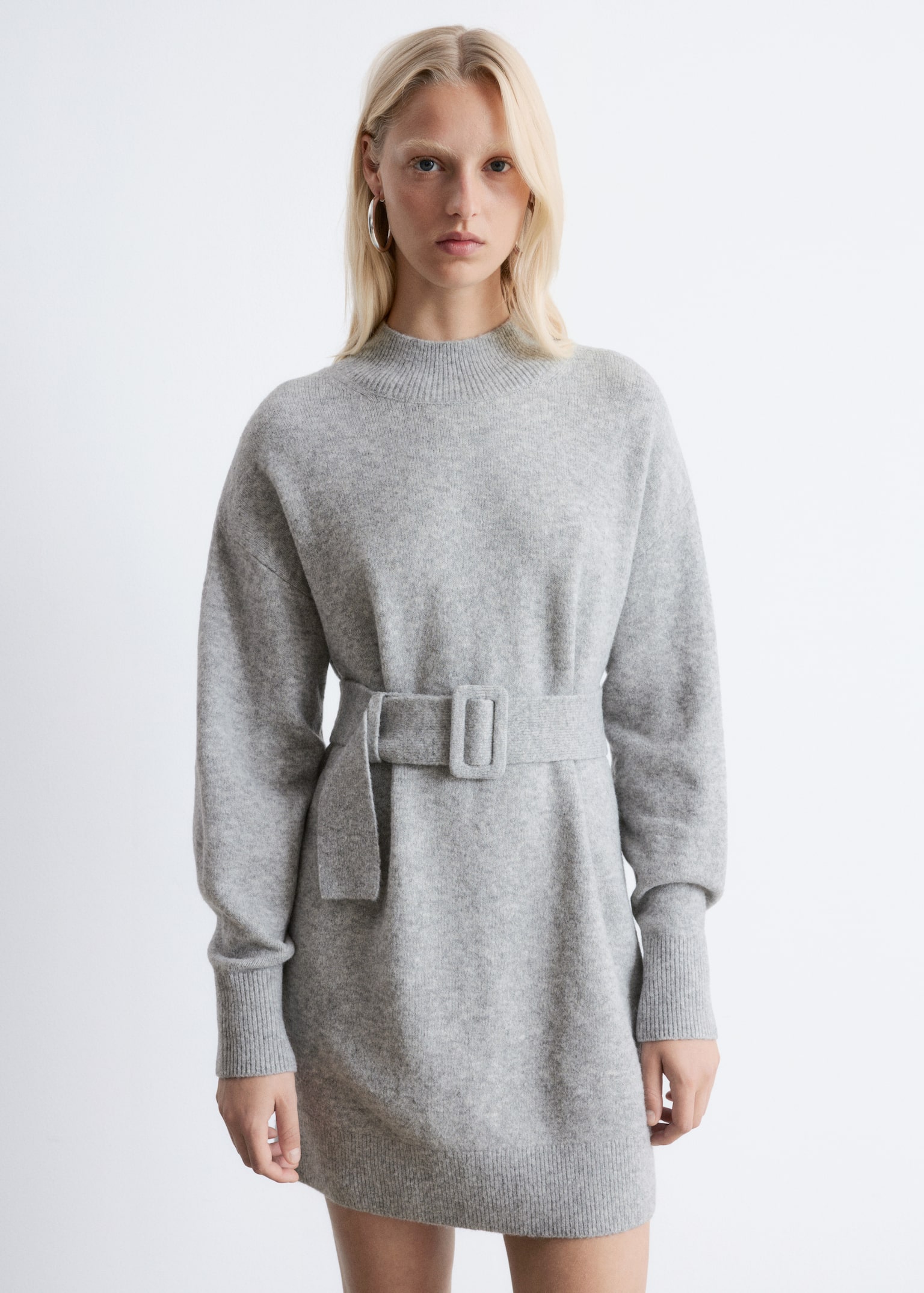 Belted Mini Knit Dress - Grey/Black
