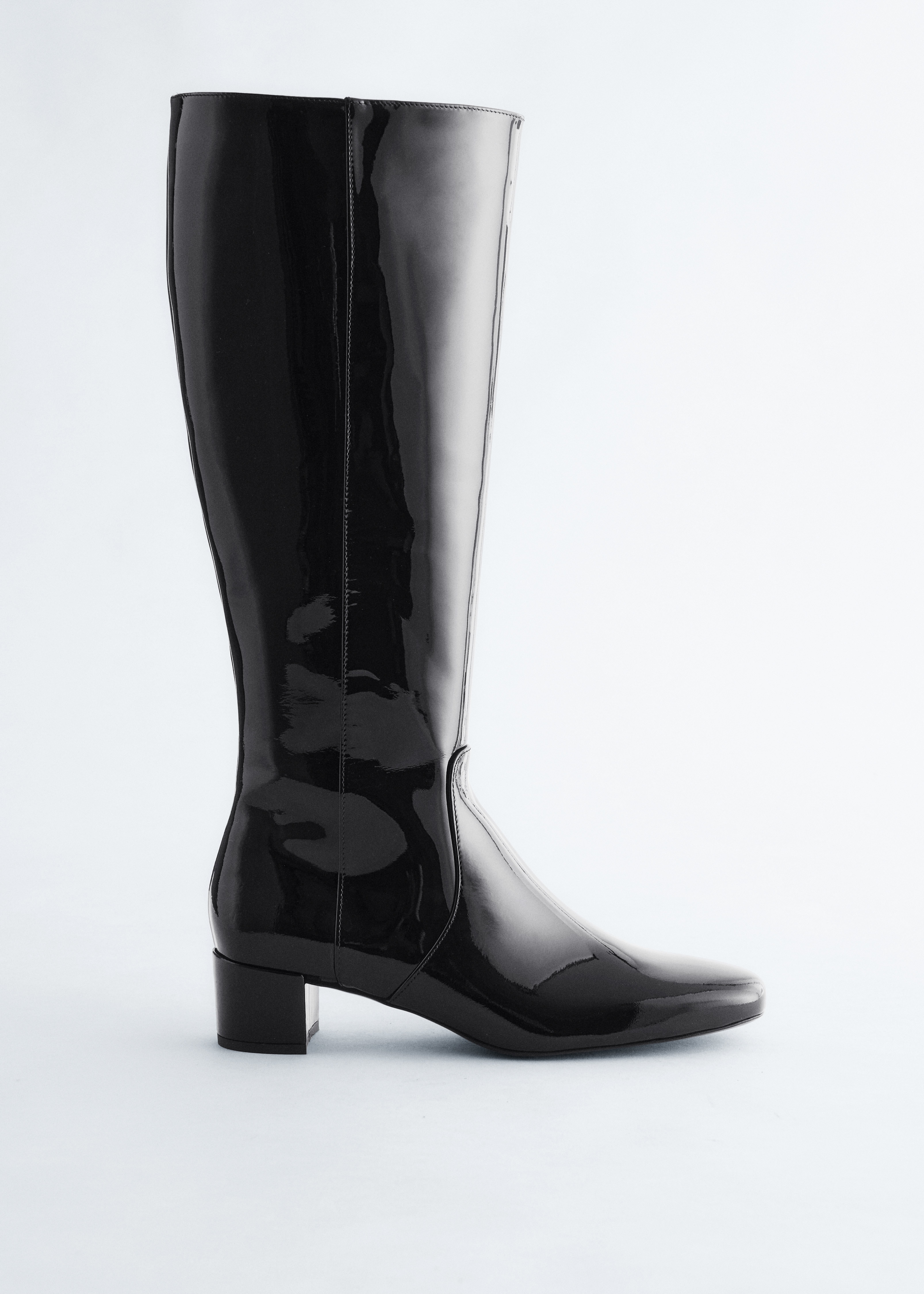 Bottes hauteur genou à talons en cuir - Verni noir/Noir