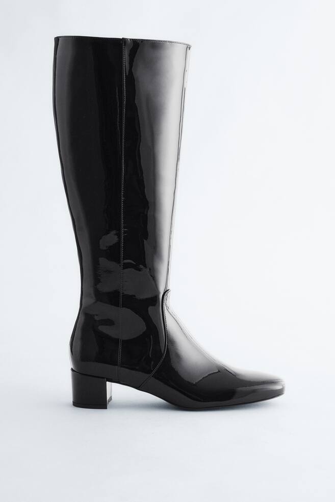 Heeled Leather Knee Boots - Black Patent - 1