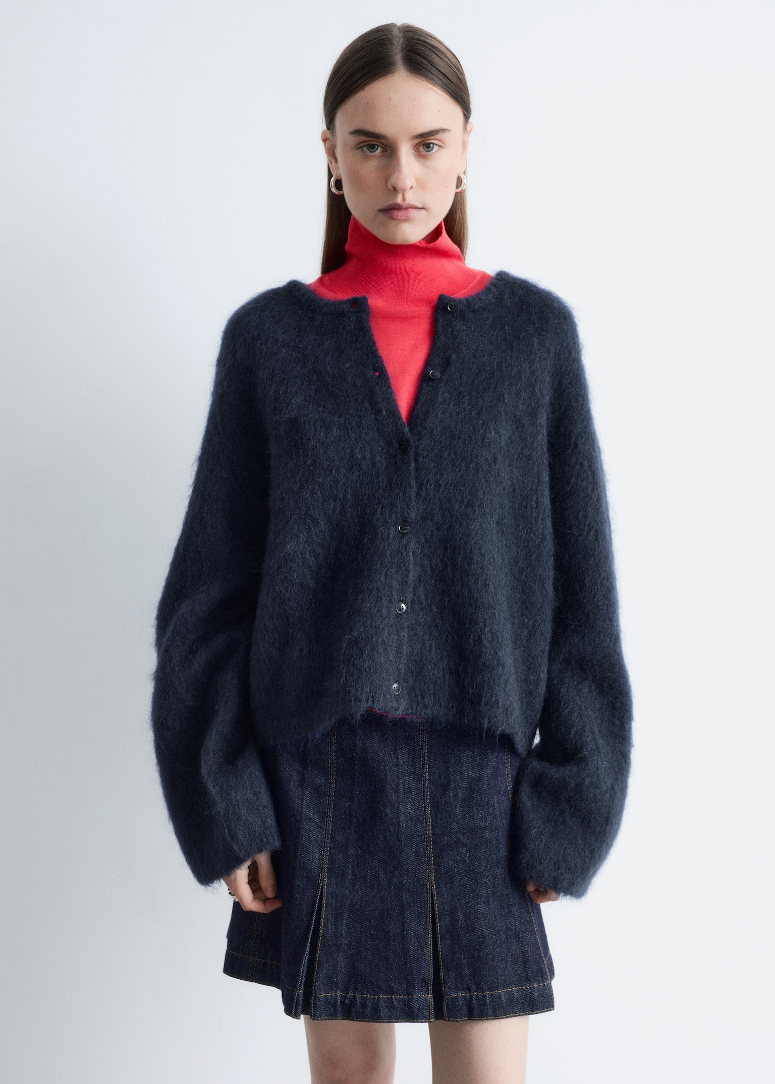 Cardigan i børstet mohairblend - Marineblå/Knaldrød/Lysegrå - 6