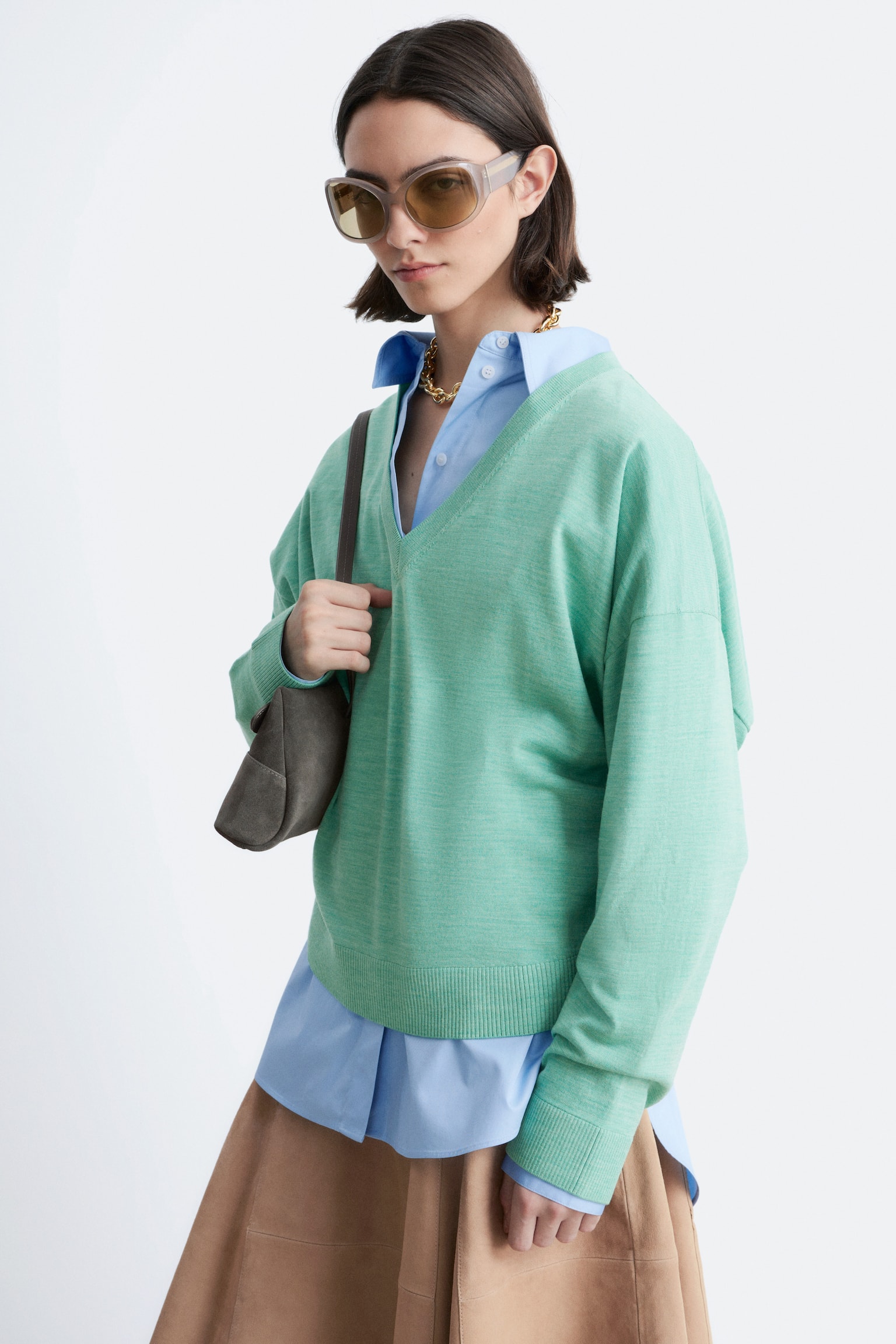 Camisola de lã merino com decote em V - Mescla turquesa claro/Verde caqui/Azul escuro - 1