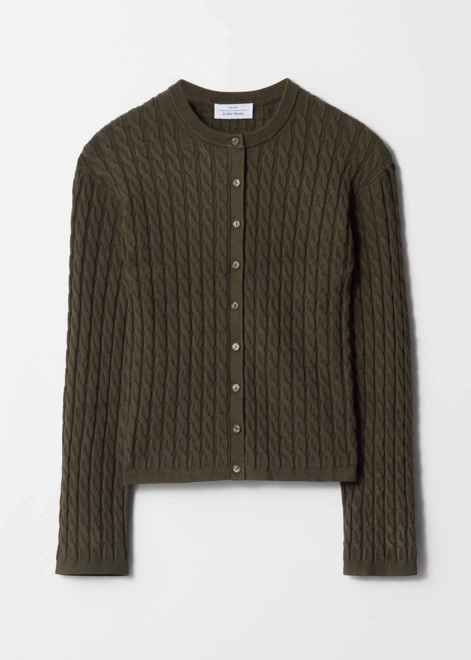 Strickjacke mit Zopfmuster - Khaki/Weiß
