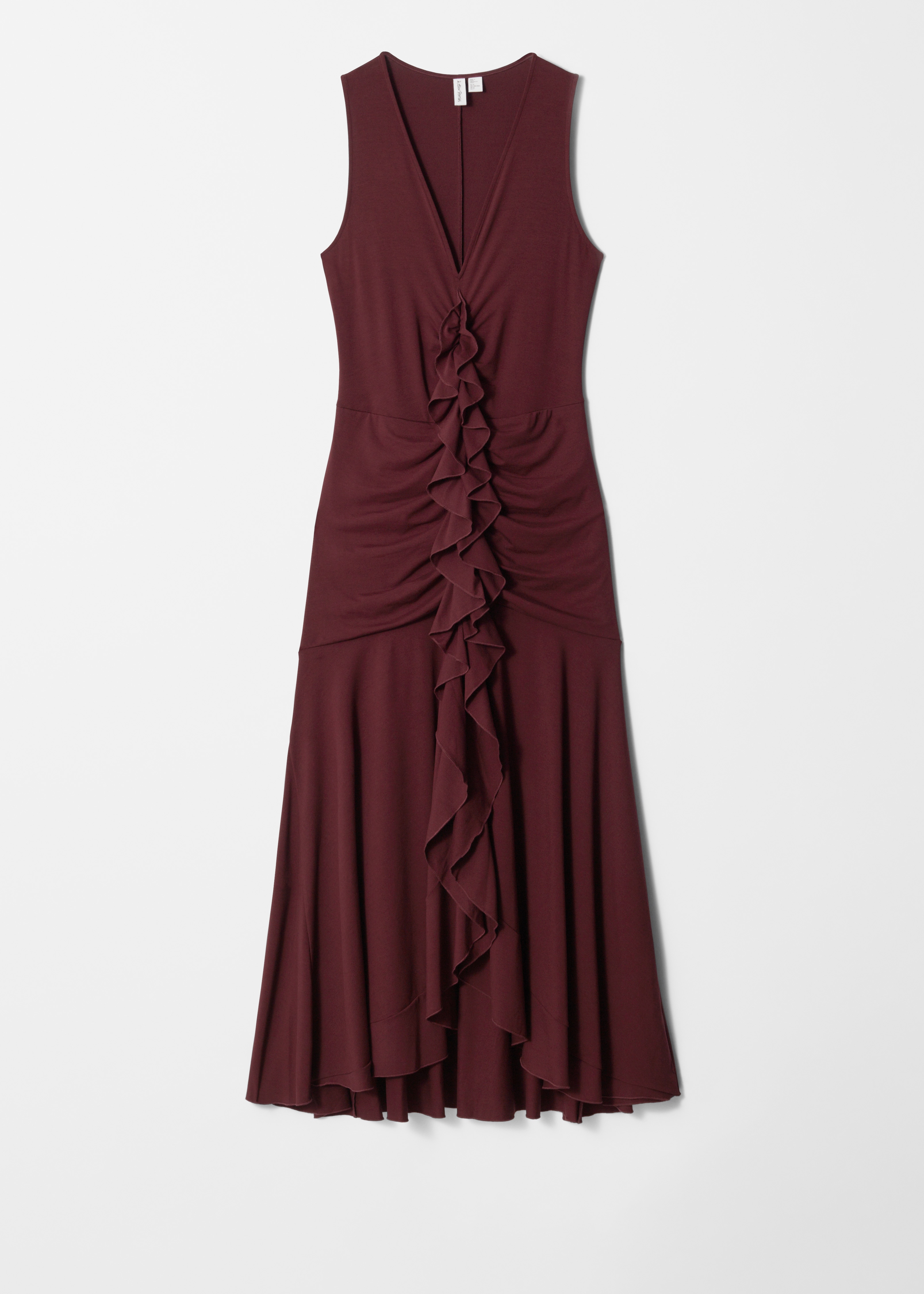 Vestido largo con volantes y escote en pico - Rojo oscuro