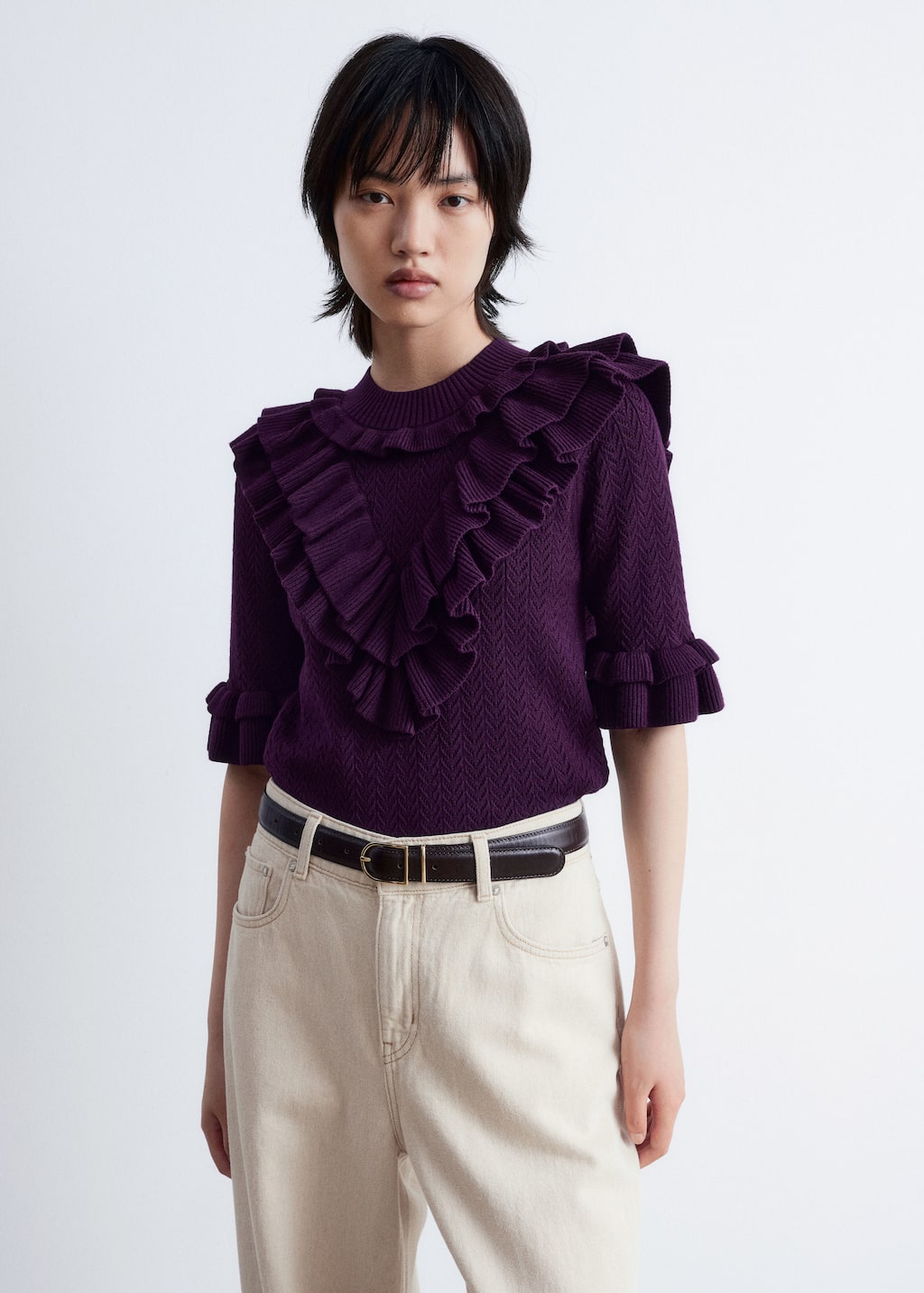 Image of Pointelle-Knit Ruffle Top