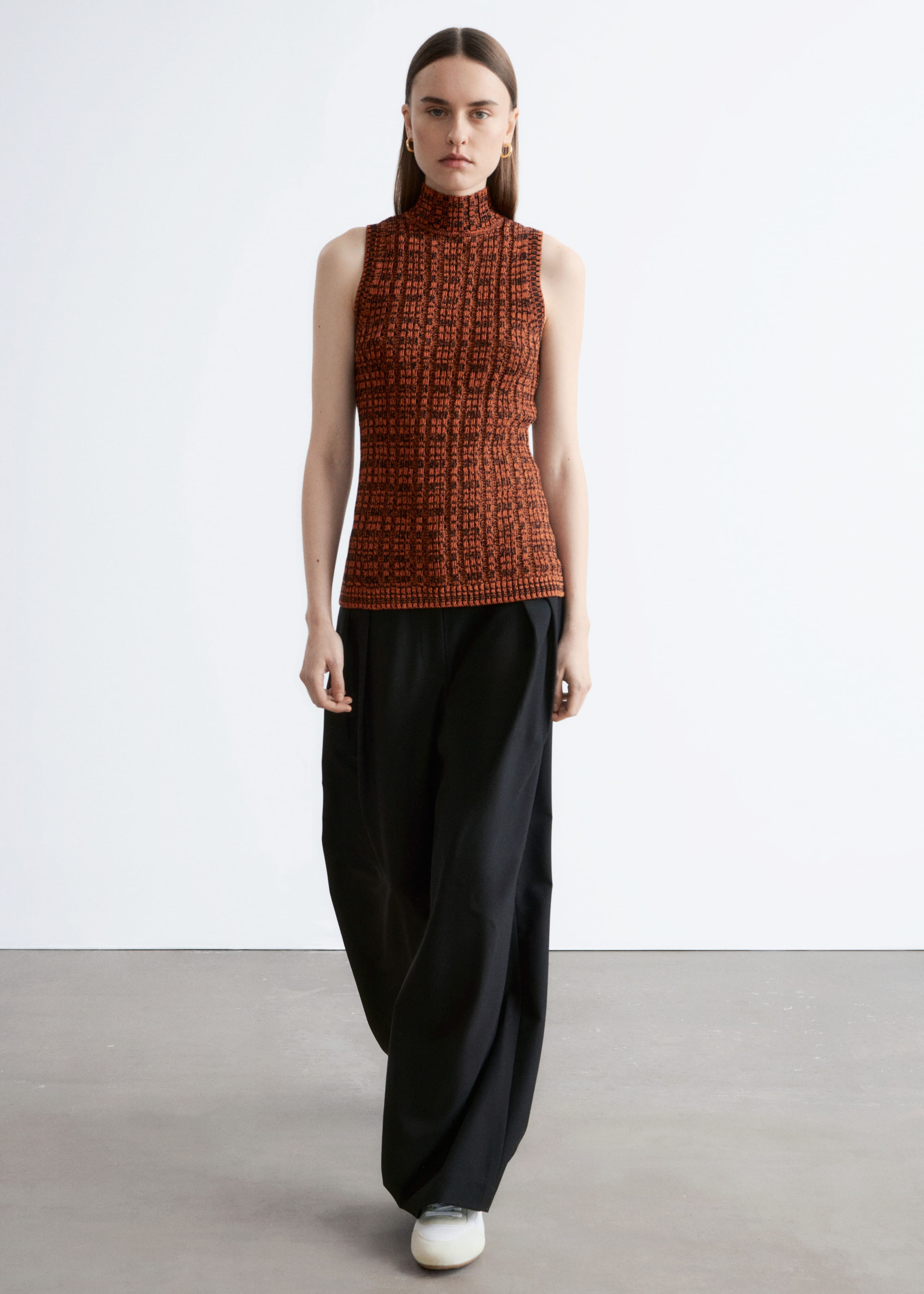 Knitted Sleeveless Turtleneck Top - Orange/Black - Lookbook