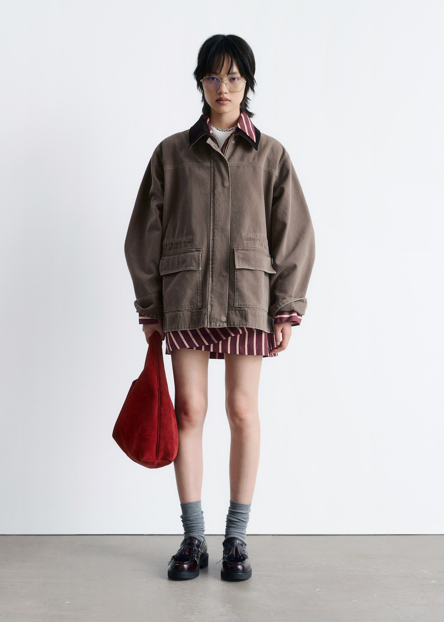 Jeansjacke mit Cordkragen - Graubraun