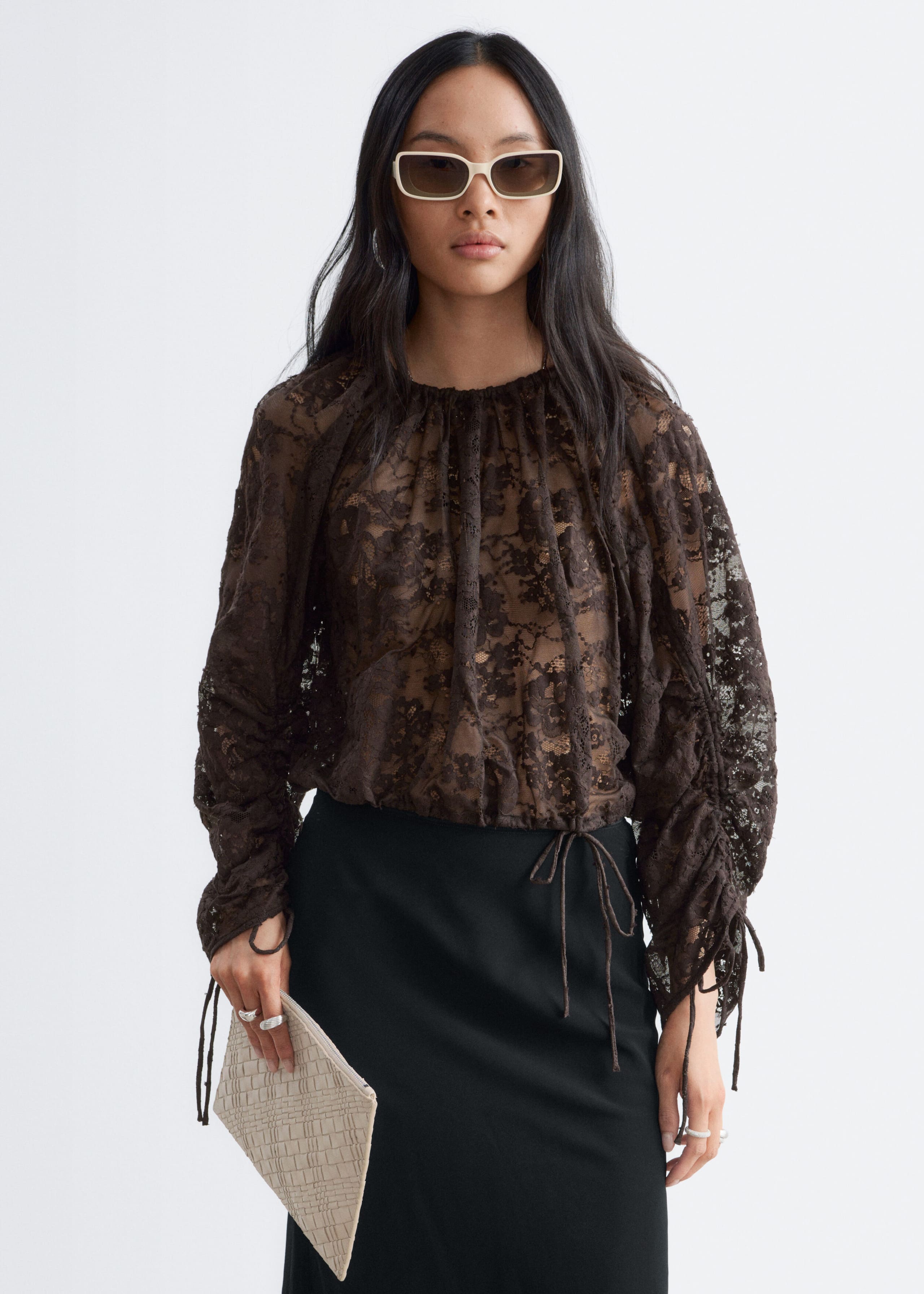 Gathered Lace Blouse - Dark Brown - Lookbook